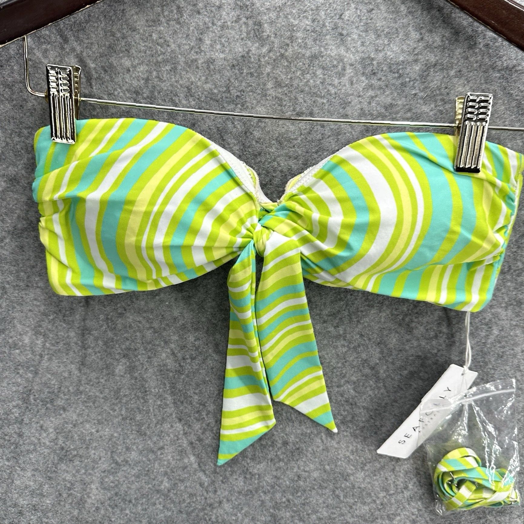 Vintage Seafolly Women's Tie Front Bandeau Bikini Top 6 AU Lime Green Geometric 70s 80s 90s Swimsuit Size M / US 6-8 / IT 42-44 - 4 Thumbnail