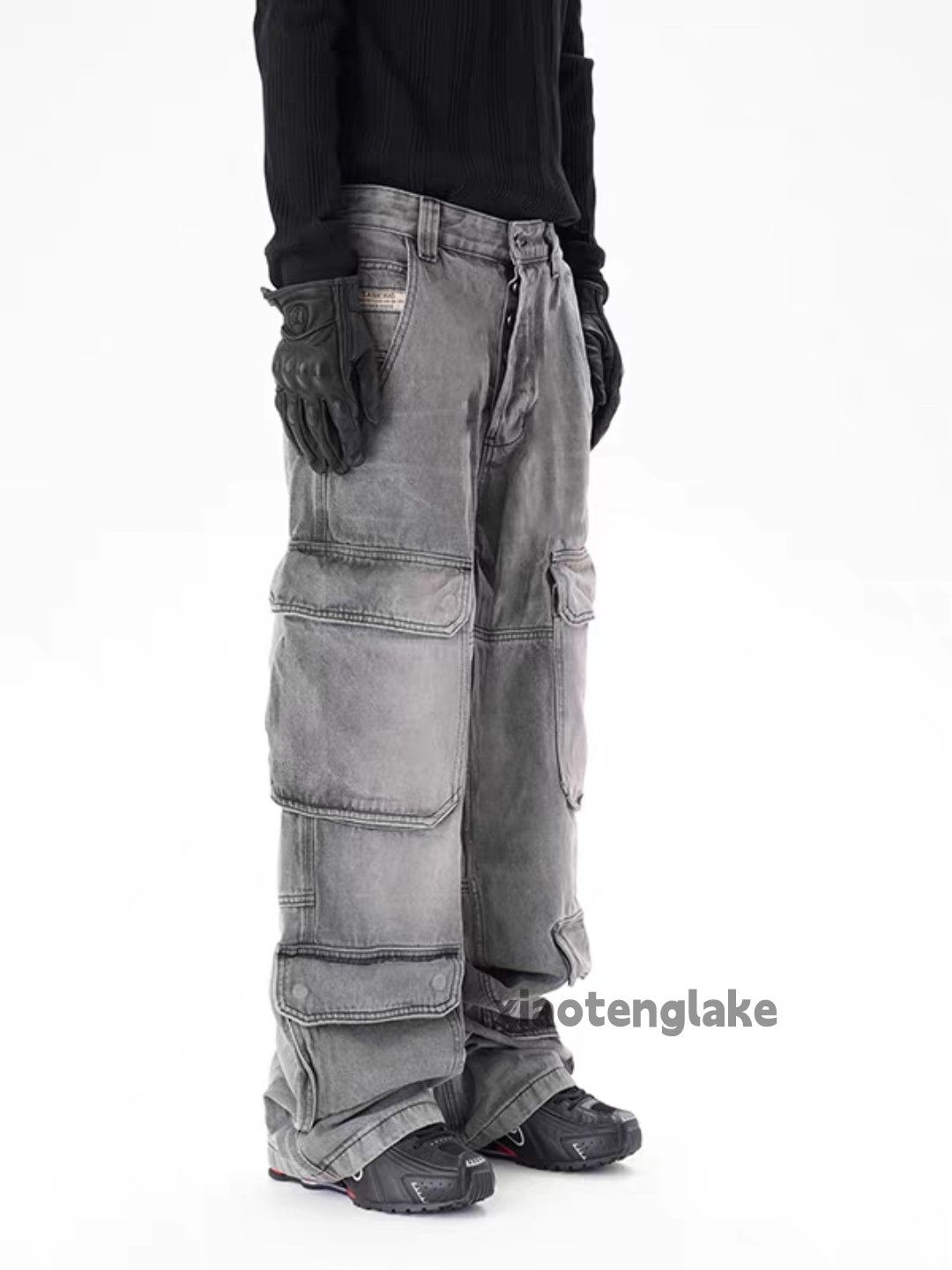 unisex washed faded loose baggy skate cargo jeans