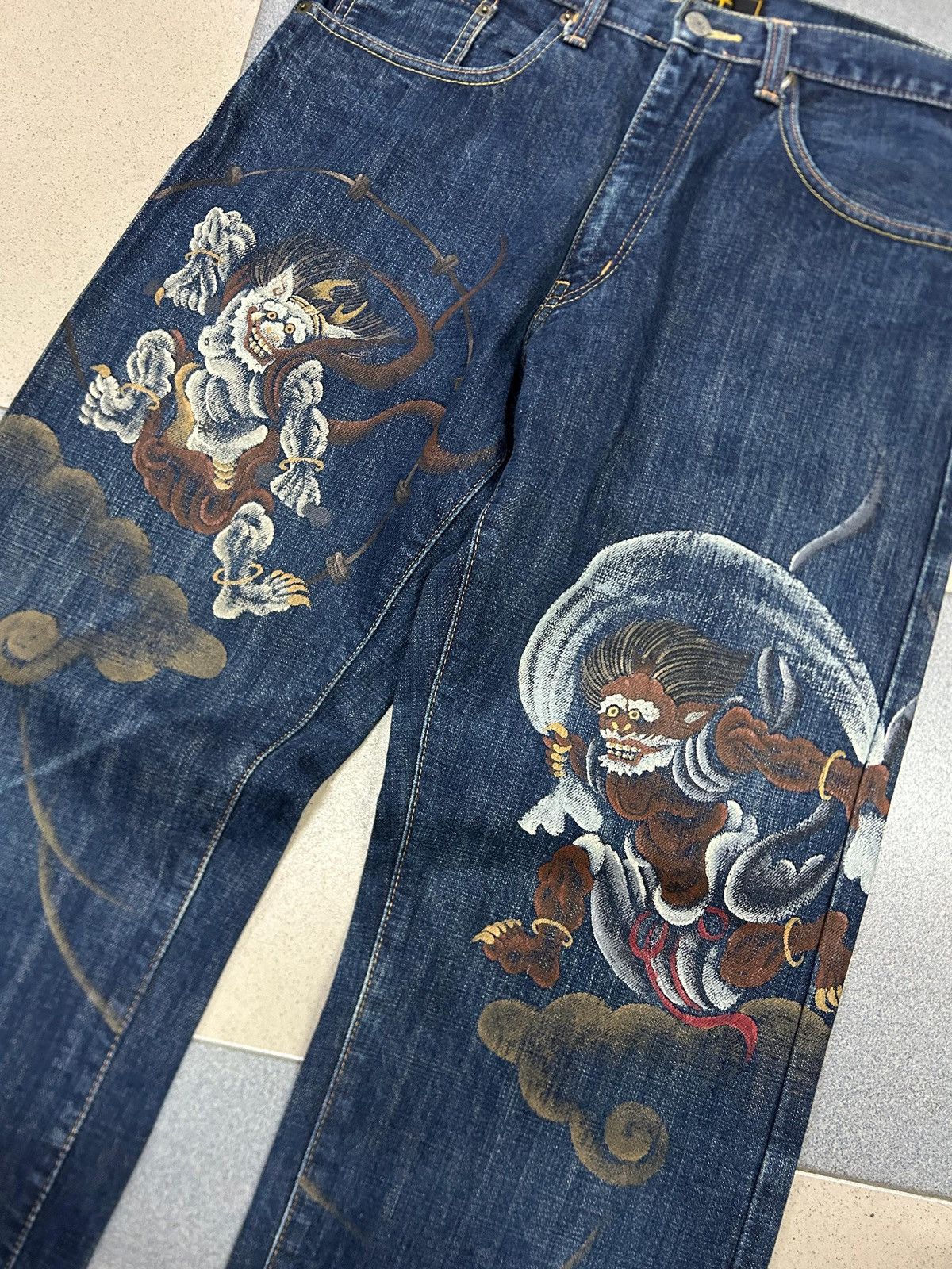 Japanese Brand Vintage Japanese Hand-Painted Fujin Raijin Zen Kyoto Jeans Size US 32 / EU 48 - 5 Thumbnail