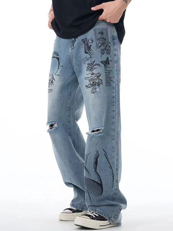 Japanese Brand Street fashion printed graffiti men's ripped jeans Size US 32 / EU 48 - 3 Thumbnail