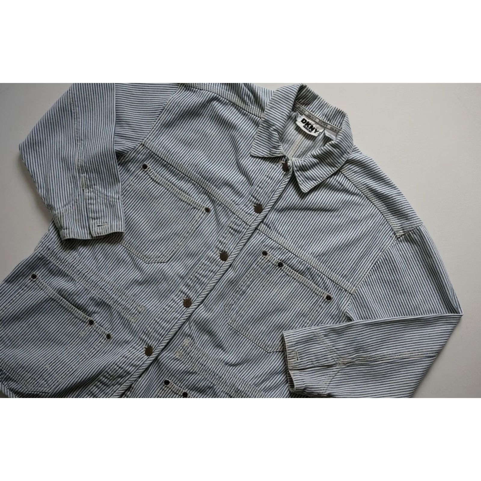 DKNY VINTAGE DKNY Jacket 90s Striped Denim Overcoat Women SZ 6 Blue Railroad Chore Work Long Size M / US 6-8 / IT 42-44 - 5 Thumbnail