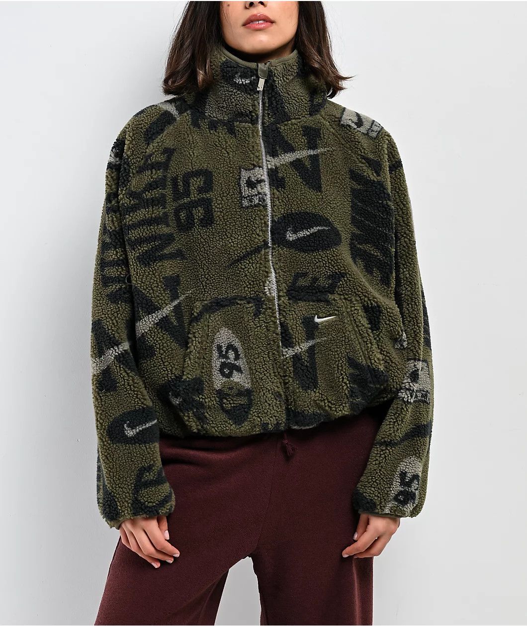 Nike Nike Fleece Olive Sherpa Crop Jacket Size XL / US 12-14 / IT 48-50 - 8 Thumbnail