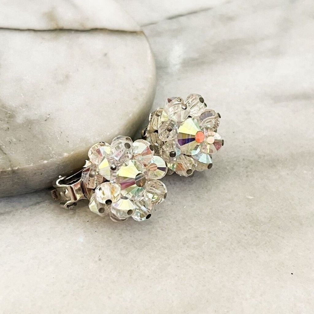 Vintage Vintage Signed Hobe Earrings AB Crystal Faceted Bead Clip On Size ONE SIZE - 3 Thumbnail