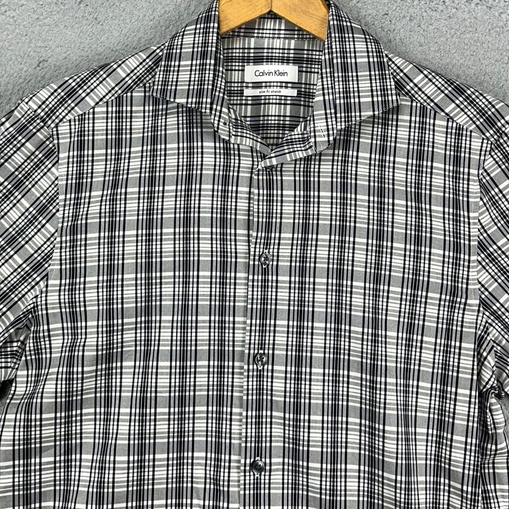 Calvin Klein Calvin Klein Mens Dress Shirt 15 32-33 Black White Plaid Long Sleeve Stretch NEW Size 40R - 2 Thumbnail