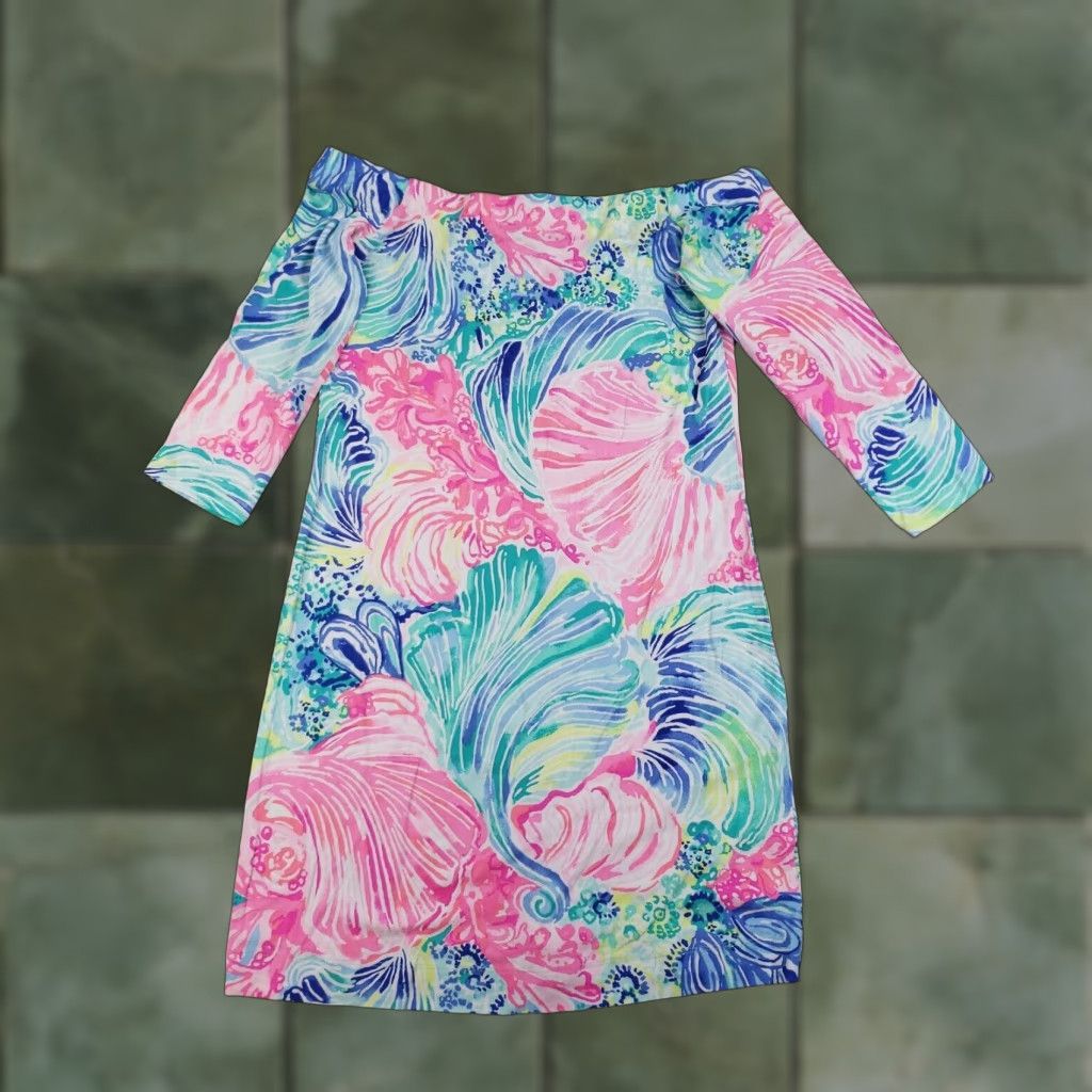 Lilly Pulitzer VINTAGE Lilly Pulitzer Laurana Dress Womens XS Pink Blue Off the Shoulder Beach Please Size XS / US 0-2 / IT 36-38 - 1 Thumbnail