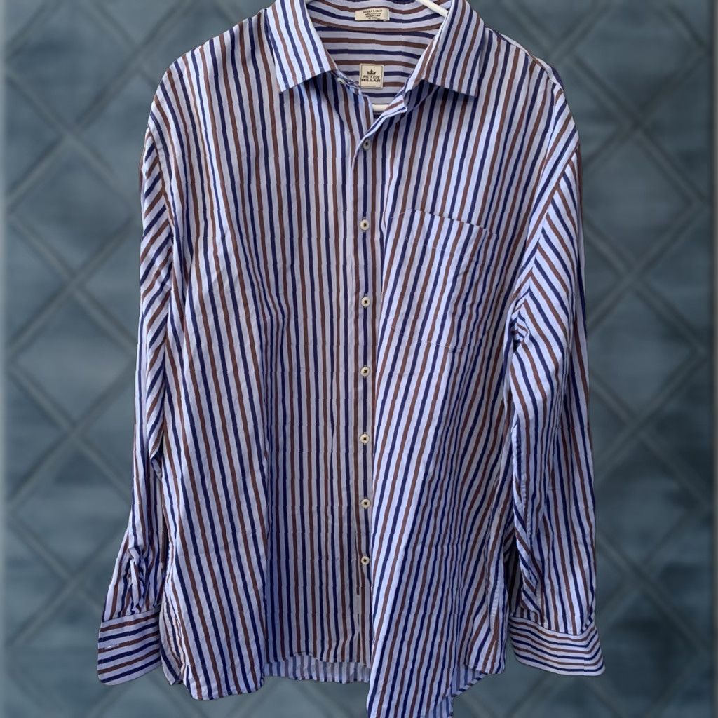 Peter Millar Peter Millar Shirt XL Blue Striped Button-Front Long Sleeve Casual Men's Cotton Size US XL / EU 56 / 4 - 1 Thumbnail