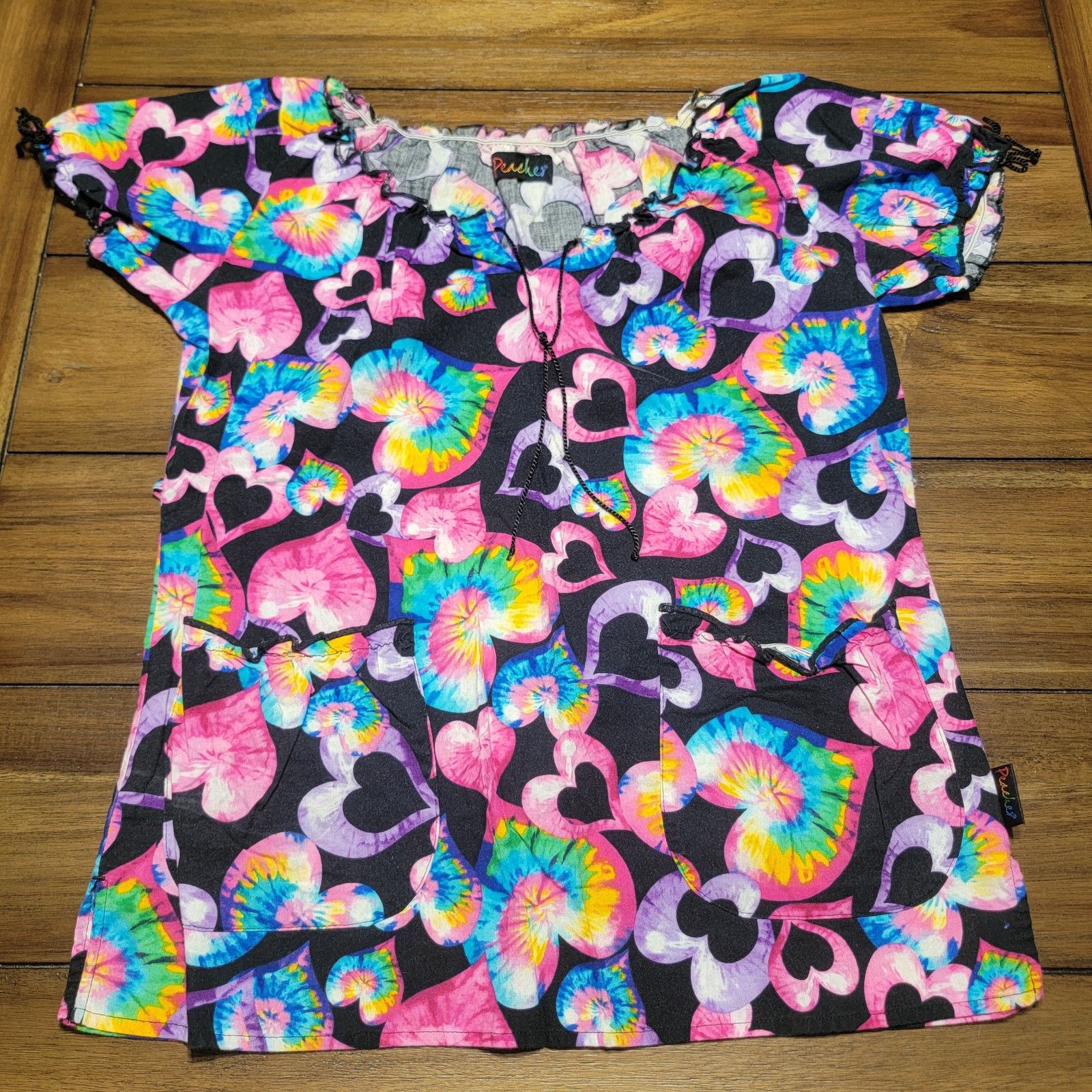 Other Peaches Psychedelic Hearts Scrub Blouse w/ Tie Neck -Size XS Size XS / US 0-2 / IT 36-38 - 1 Thumbnail