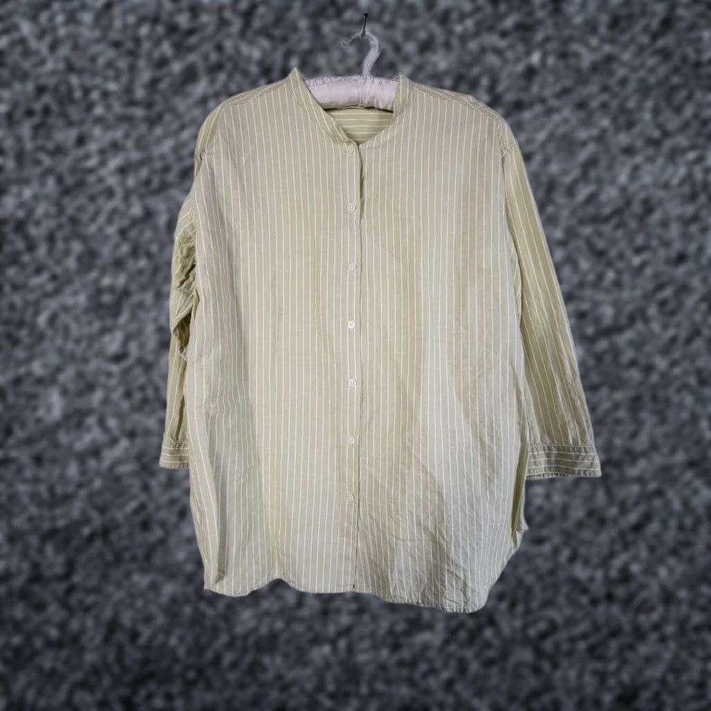 Uniqlo Uniqlo Womens Green White Striped Linen Blend Band Collar 3/4 Sleeve Shirt Large - Vintage - - Size L / US 10 / IT 46 - 1 Thumbnail