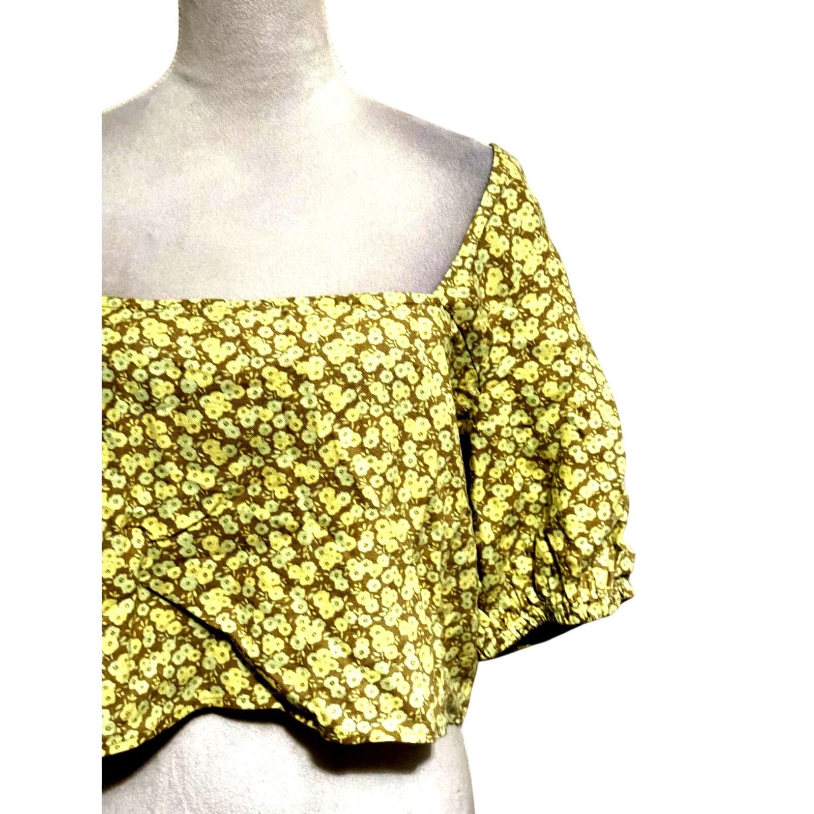 BP. BP. Puff Sleeve Crop Top Linen Yellow Floral Women's Plus 2X Size XXL / US 16-18 / IT 52-54 - 4 Thumbnail