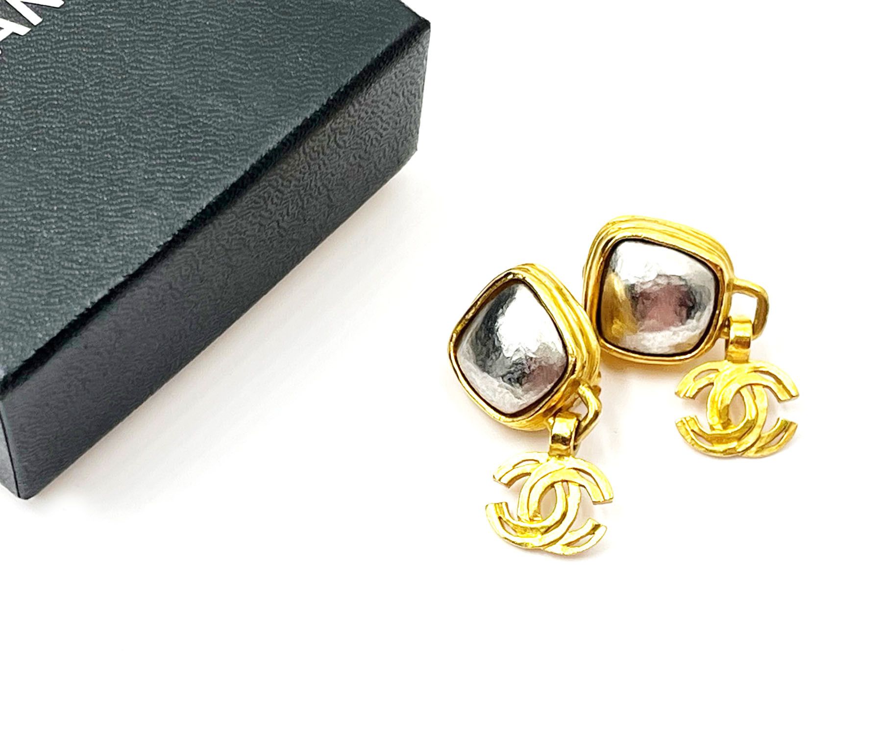 Chanel Gold Plated Square Silver Stone CC Clip on Earrings