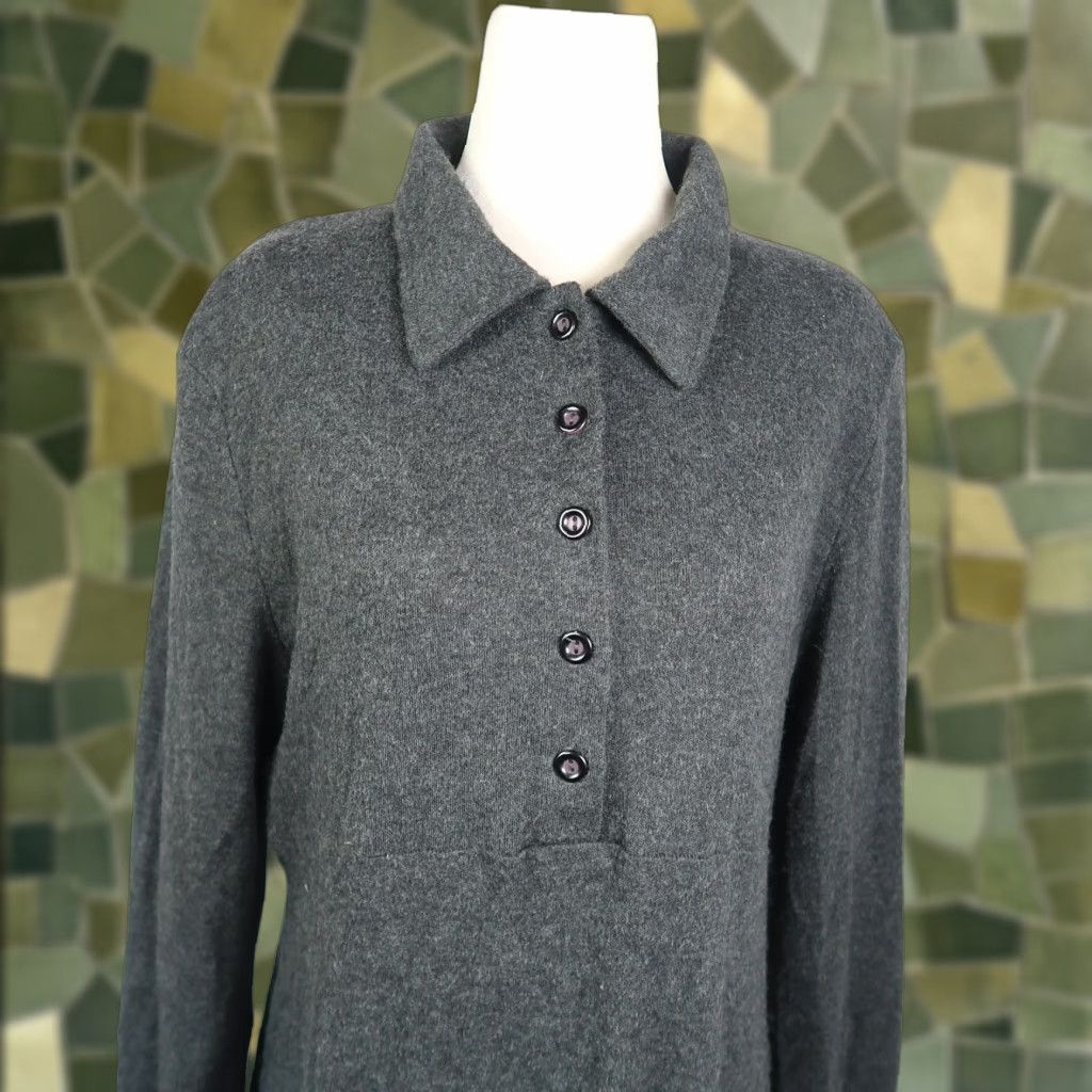 VINTAGE Paquette Too! Dark Grey Knit Midi Henley Shirt Dress 14 Women Long Sleeve 90s 80s Casual Knit Acrylic Modern?