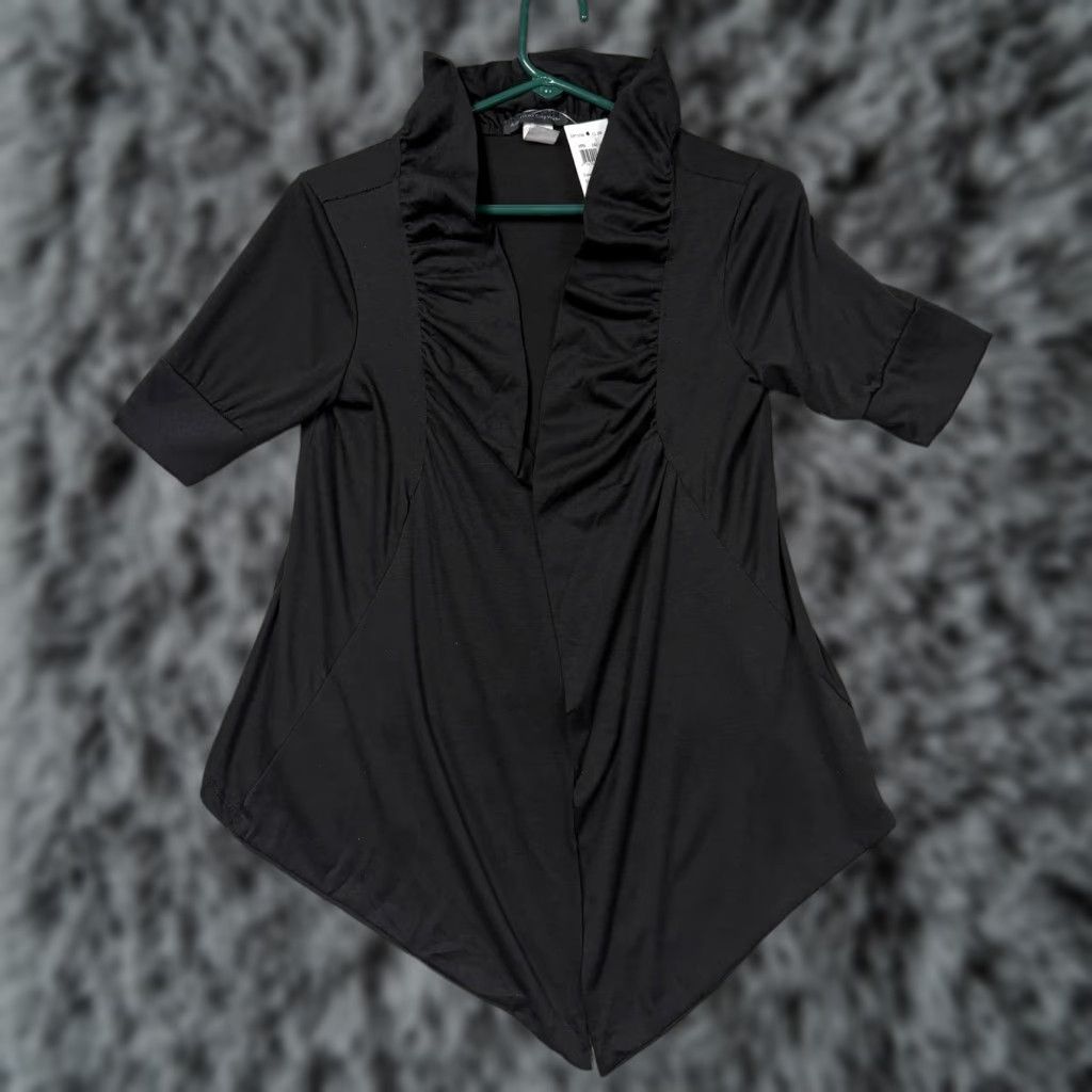 Vintage Y2K Ruffle Collar Top L Black Women Blouse Short Sleeve Tunic American City Wear Size L / US 10 / IT 46 - 1 Thumbnail