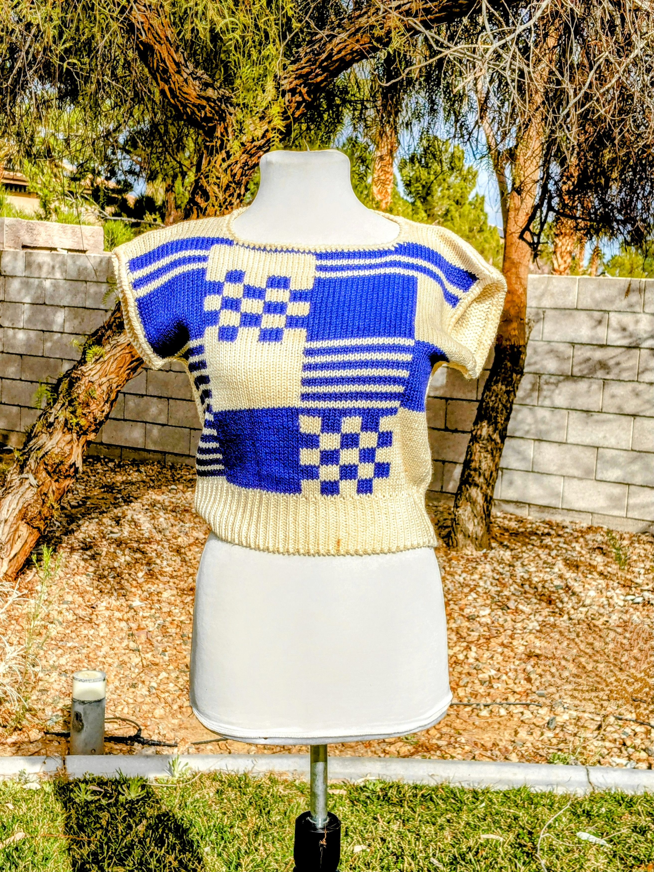 Vintage 1980s Vintage Petite Knit Geometric Checkerboard Cardigan Size S / US 4 / IT 40 - 1 Thumbnail