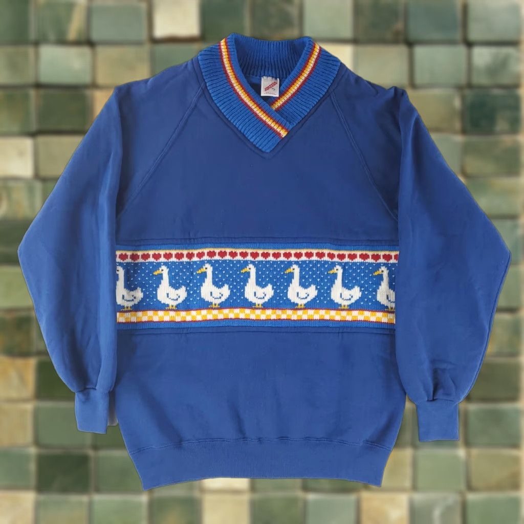 Jerzees VINTAGE Jerzees Sweatshirt 90s Modified Knit Ducks Collar Blue Long Sleeve Mens 44 Size US XXL / EU 58 / 5 - 1 Thumbnail