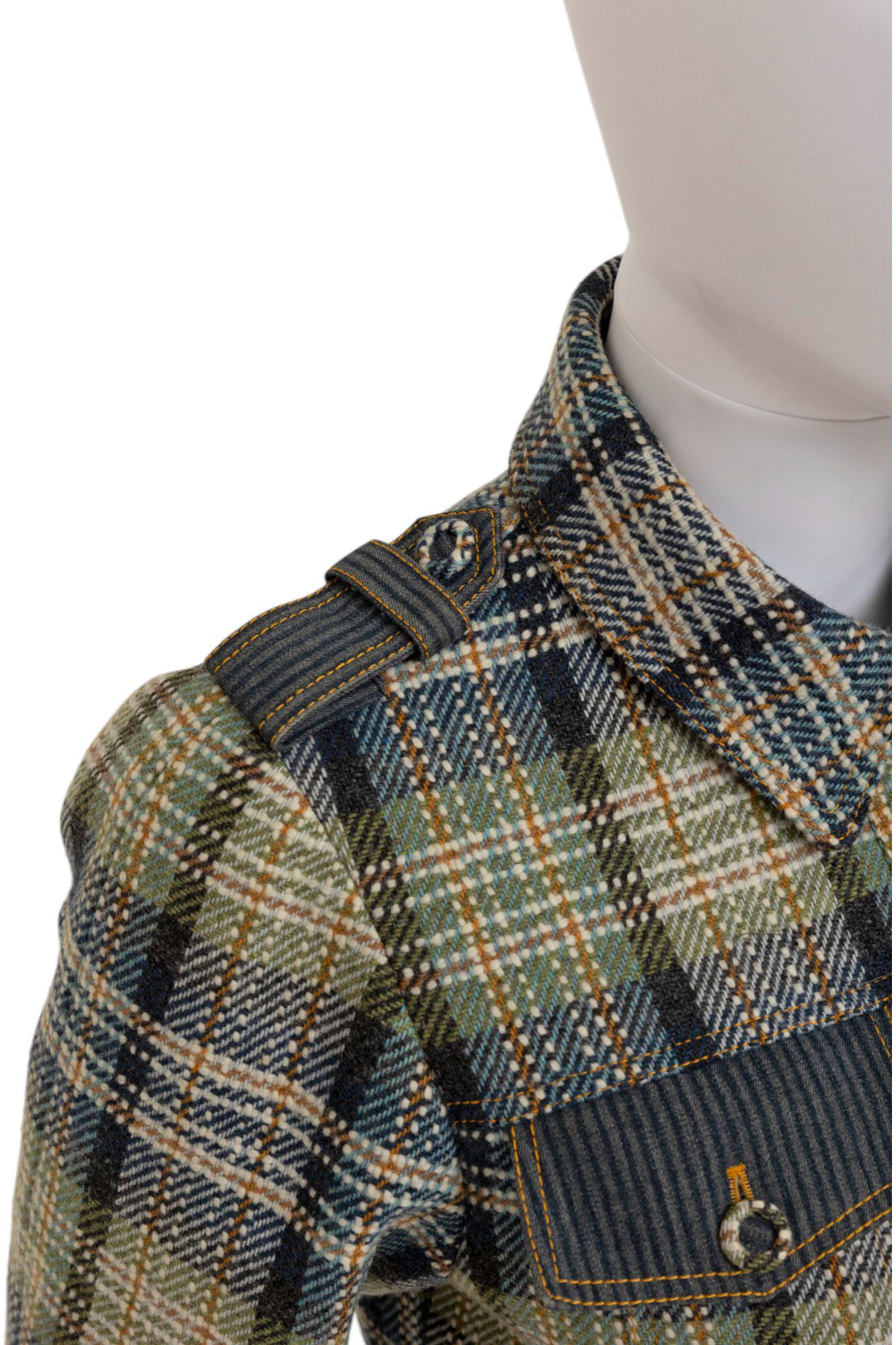 John Galliano Spring 2005 Chequered Bondage Green and Blue Silk Jacket Size M / US 6-8 / IT 42-44 - 8 Thumbnail