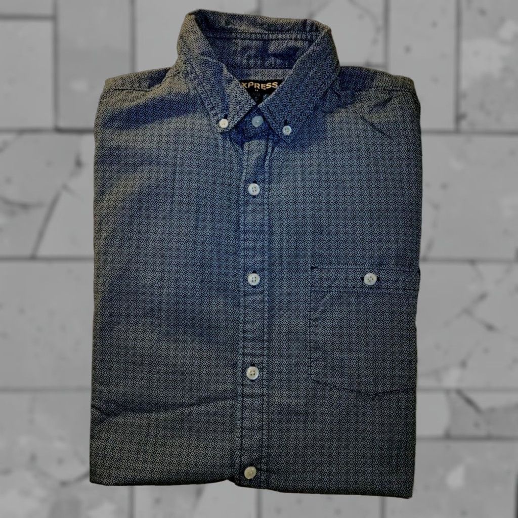 Express Express Navy & White Geometric Print Slim Fit Cotton Dress Shirt  Mens M Long Sleeve Blue | Grailed