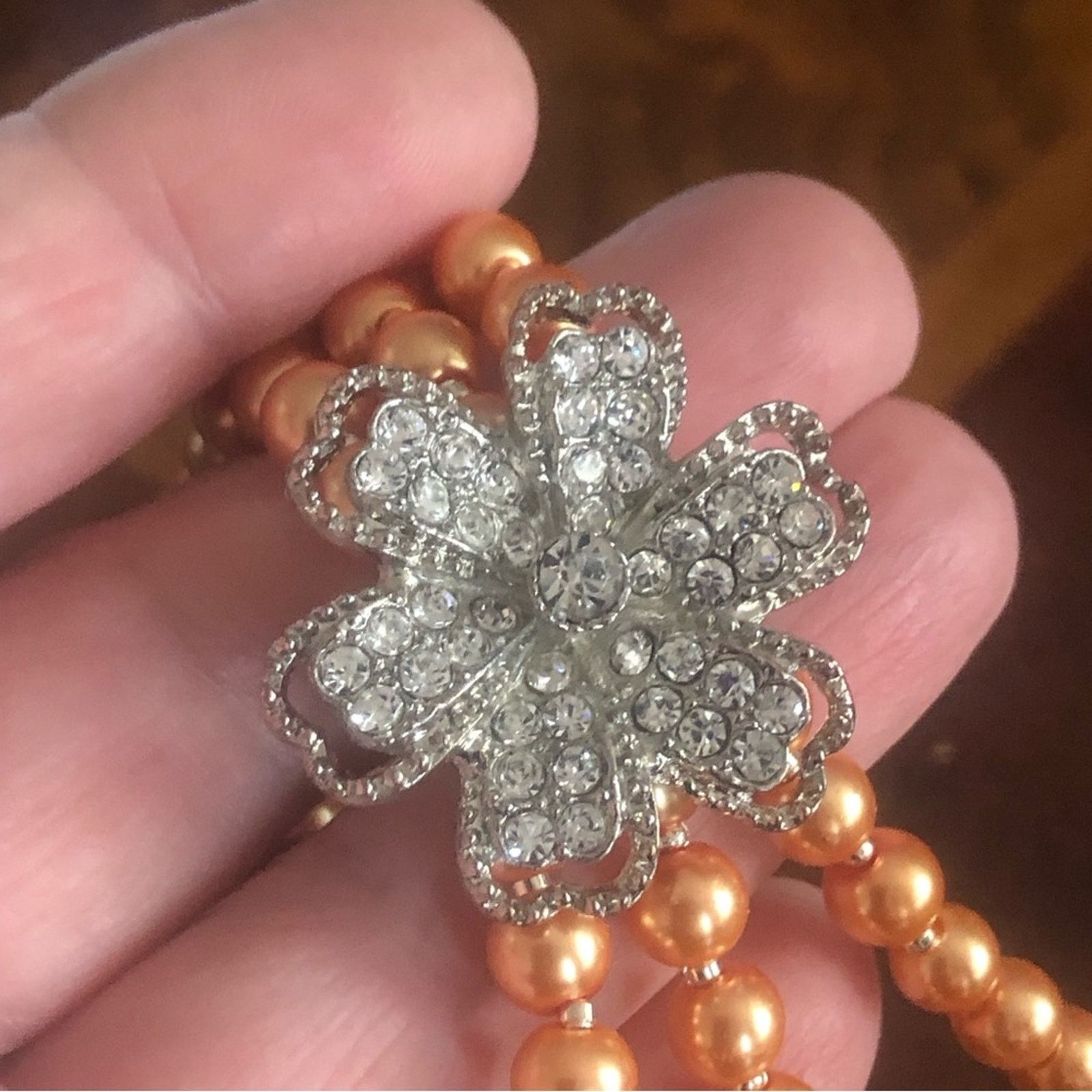 Handmade Handcrafted triple strand golden peach pearl necklac Size ONE SIZE - 10 Thumbnail