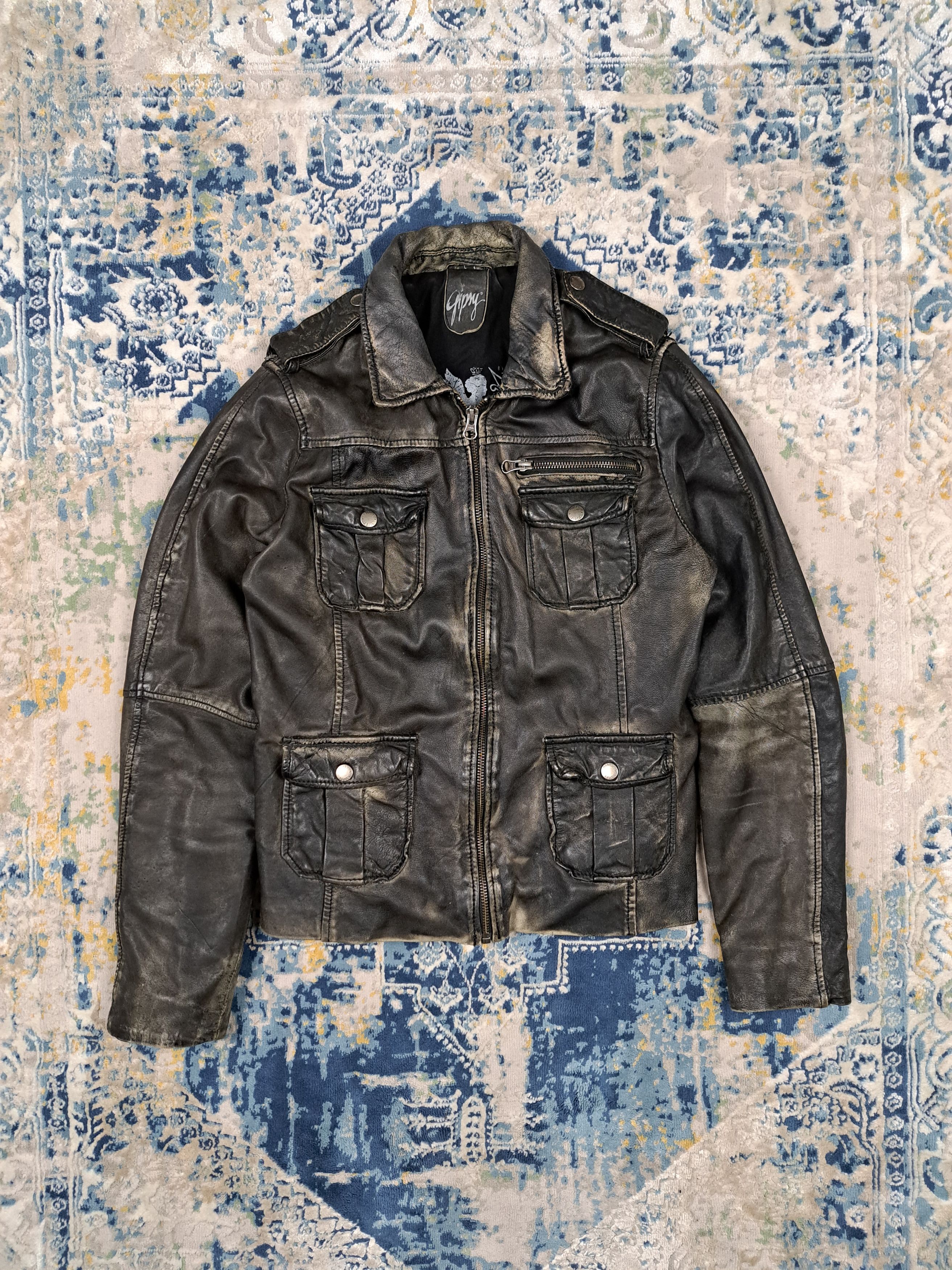 image of Archival Clothing x Avant Garde Y2K Distressed Leather Multipocket Jacket Cropped Archive in Brown,