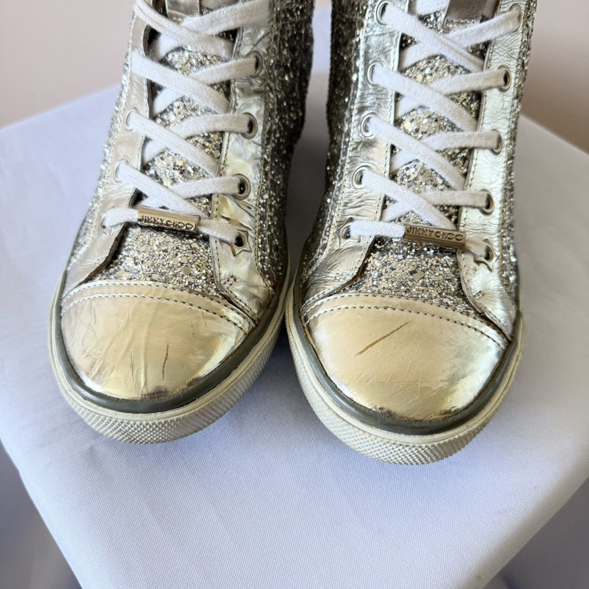 Jimmy Choo Jimmy Choo Silver Glitter High Top Sneakers Shoes Size US 7.5 / IT 37.5 - 3 Thumbnail