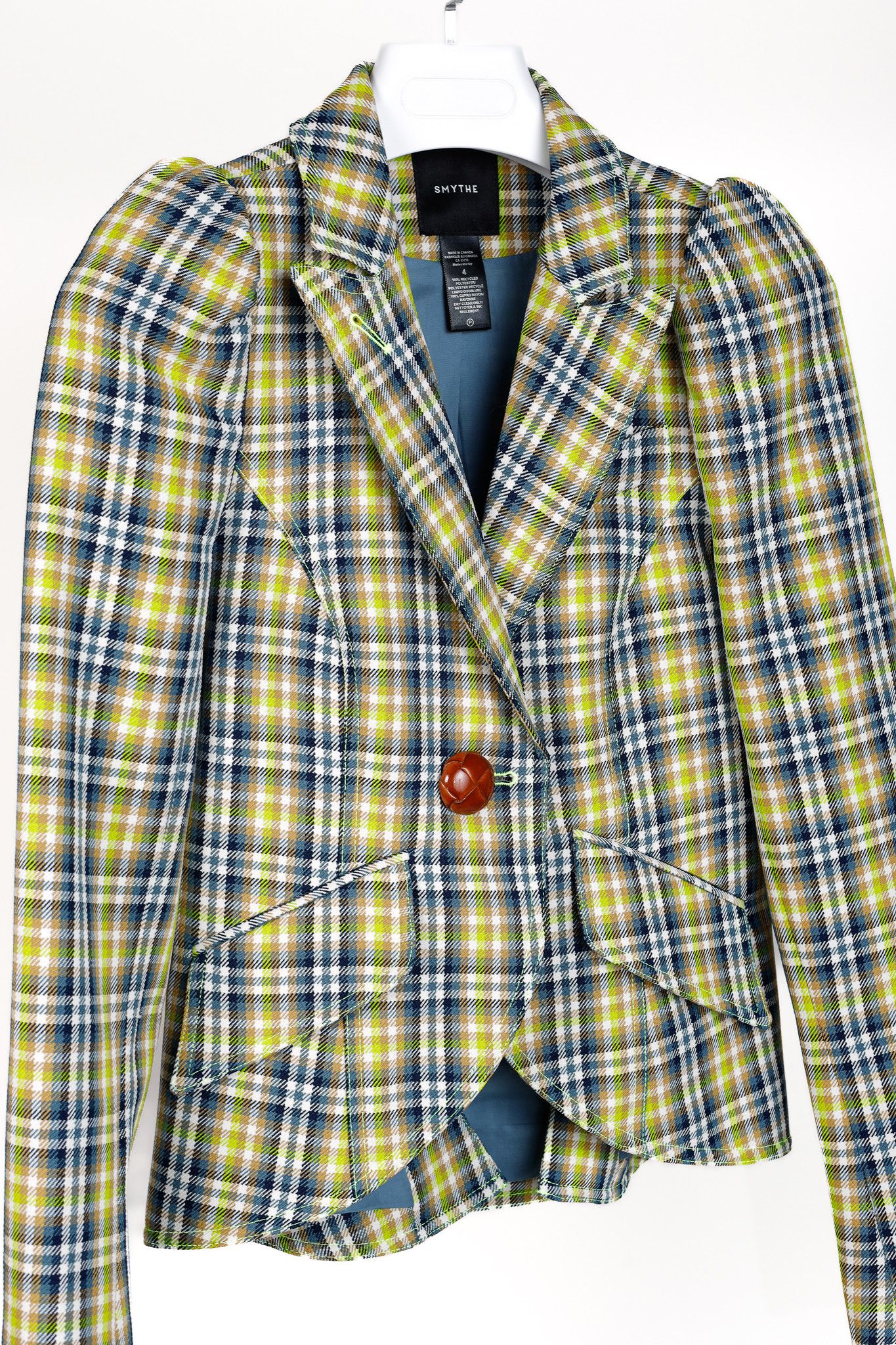 SMYTHE Smythe SS/23 Lime Plaid Pouf Sleeve One Button Blazer Size S / US 4 / IT 40 - 3 Thumbnail