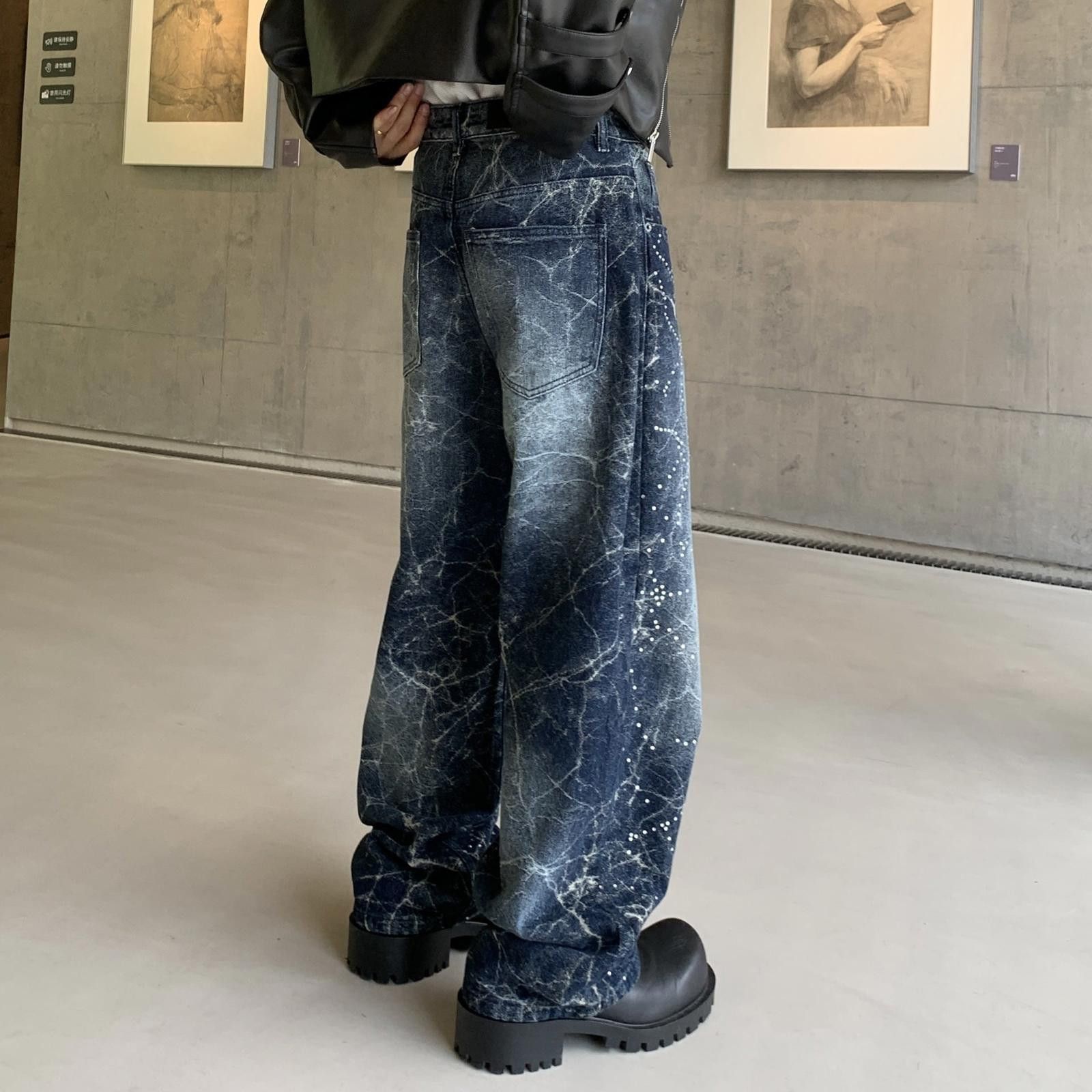 Vintage Blue Wide Leg Denim Jeans with Abstract Print Size US 30 / EU 46 - 4 Thumbnail