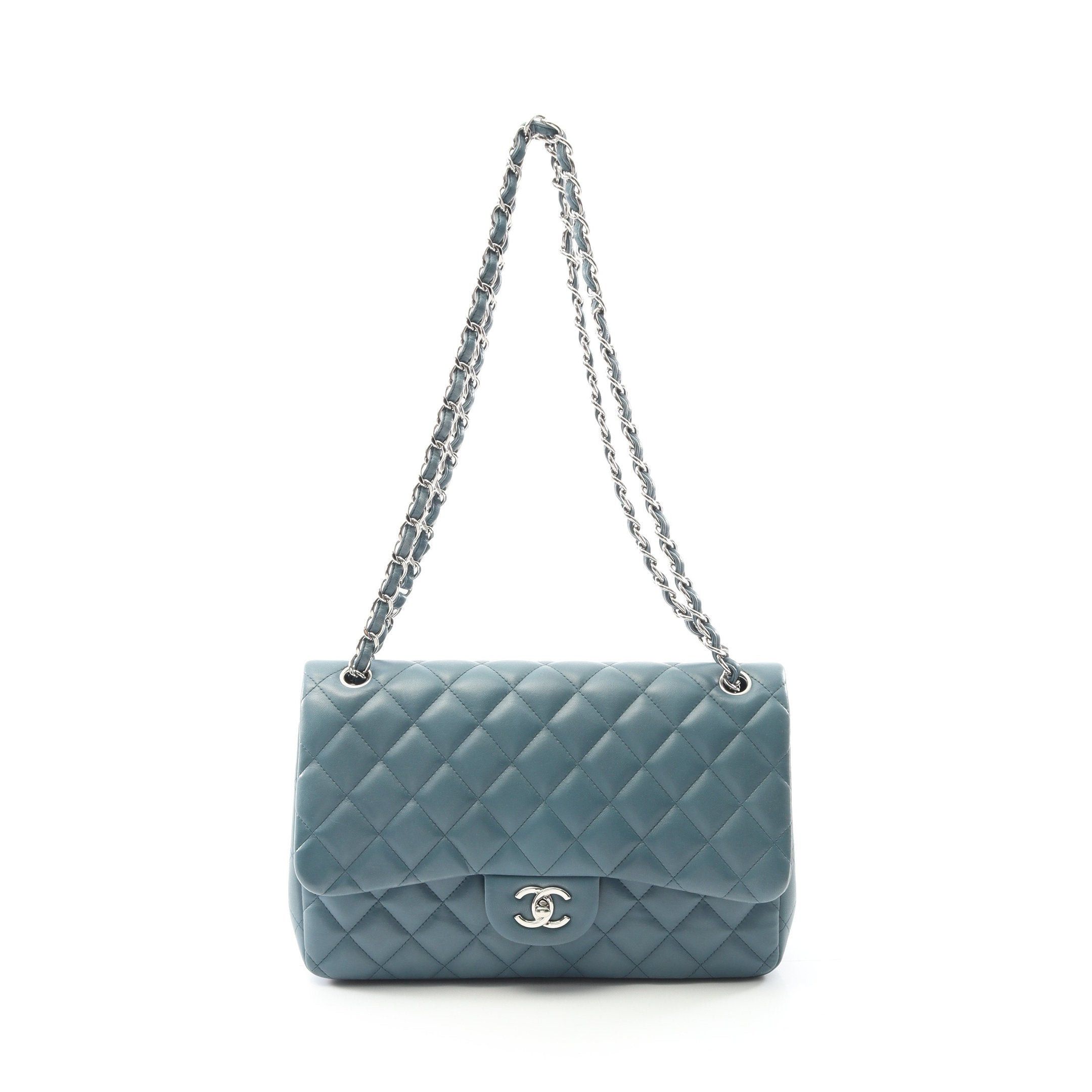 Chanel Chanel Decamatlassé 30 Classic Large Double Flap Chain Shoulder Bag Lambskin Blue Green Silver Hardware Size ONE SIZE - 1 Thumbnail