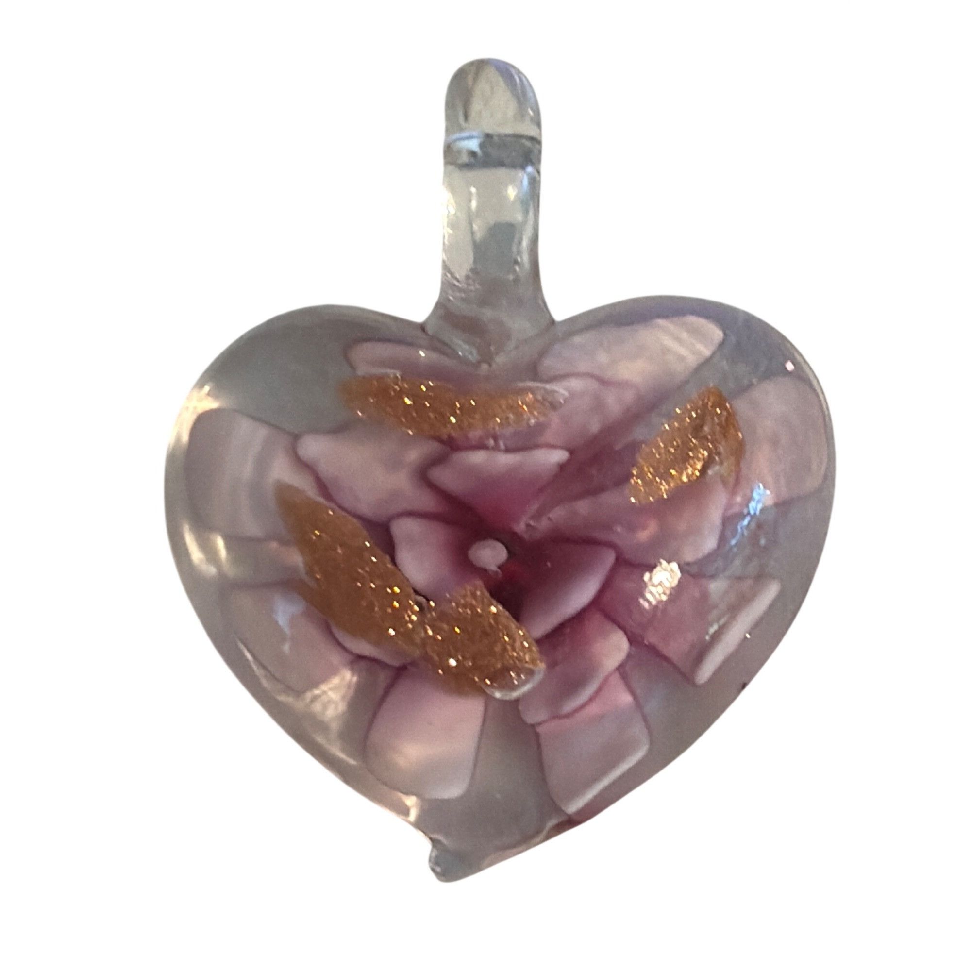 Other Glass Heart Pendant Pink Purple Flower Gold Glitter Accents Size ONE SIZE - 1 Thumbnail