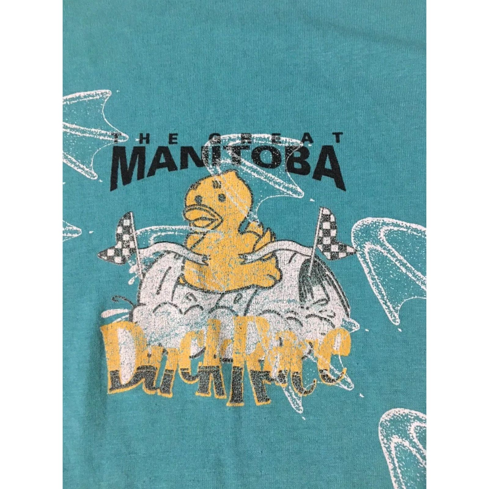 Vintage VINTAGE Manitoba Duck Race AOP Shirt XL Blue Men 80s Grunge Funny Animal Faded Single Stitch Size US XL / EU 56 / 4 - 3 Thumbnail