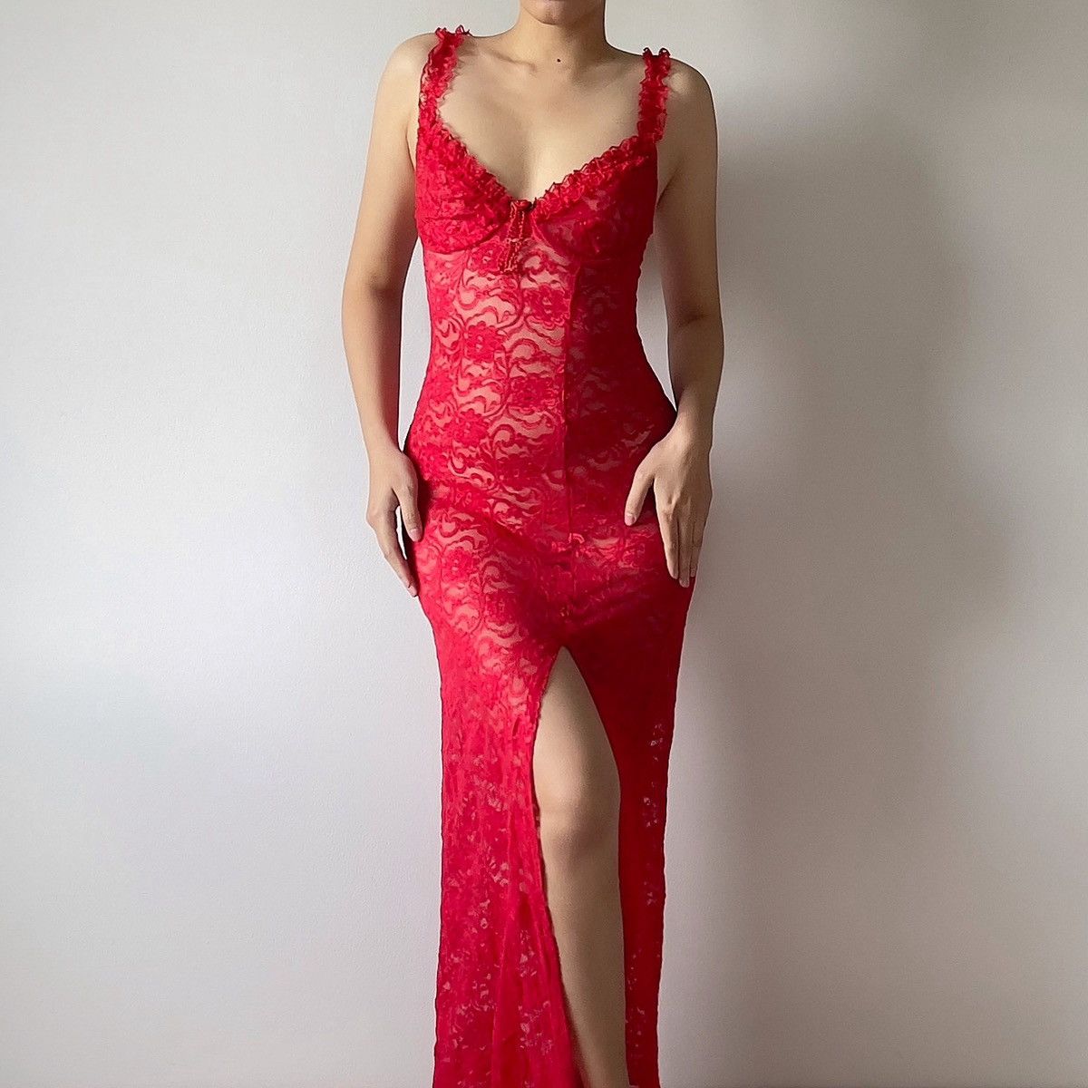 Vintage Vintage Red Lace Sheer Slip Dress (XS-S) Size S / US 4 / IT 40 - 1 Thumbnail