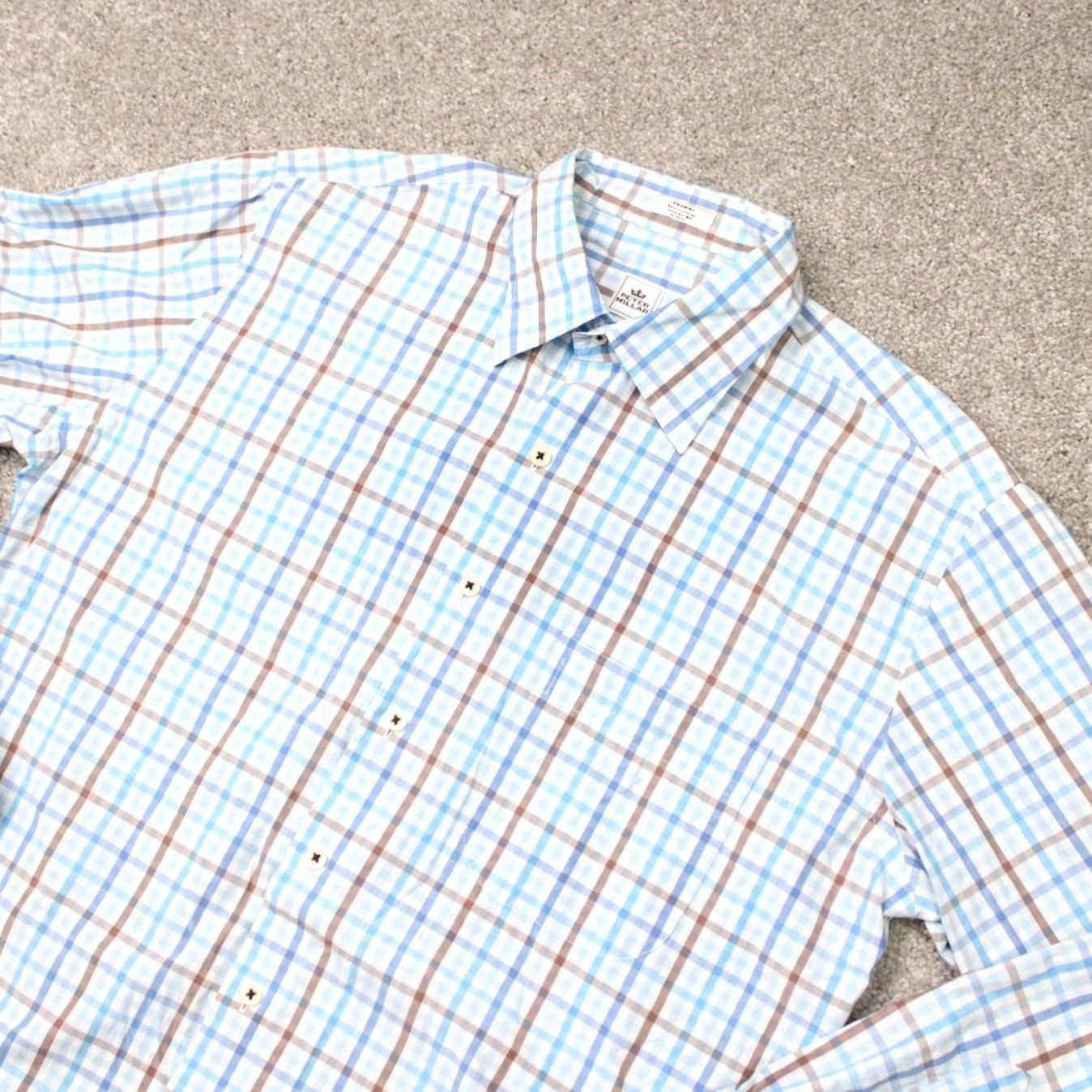 Peter Millar Peter Millar Shirt Mens Medium Blue/Brown Weekender Wash Cotton Long Sleeve Button-Up Shirt Cap-Down Plaid Casual Workwear Mens Regular Adult Size US M / EU 48-50 / 2 - 3 Thumbnail