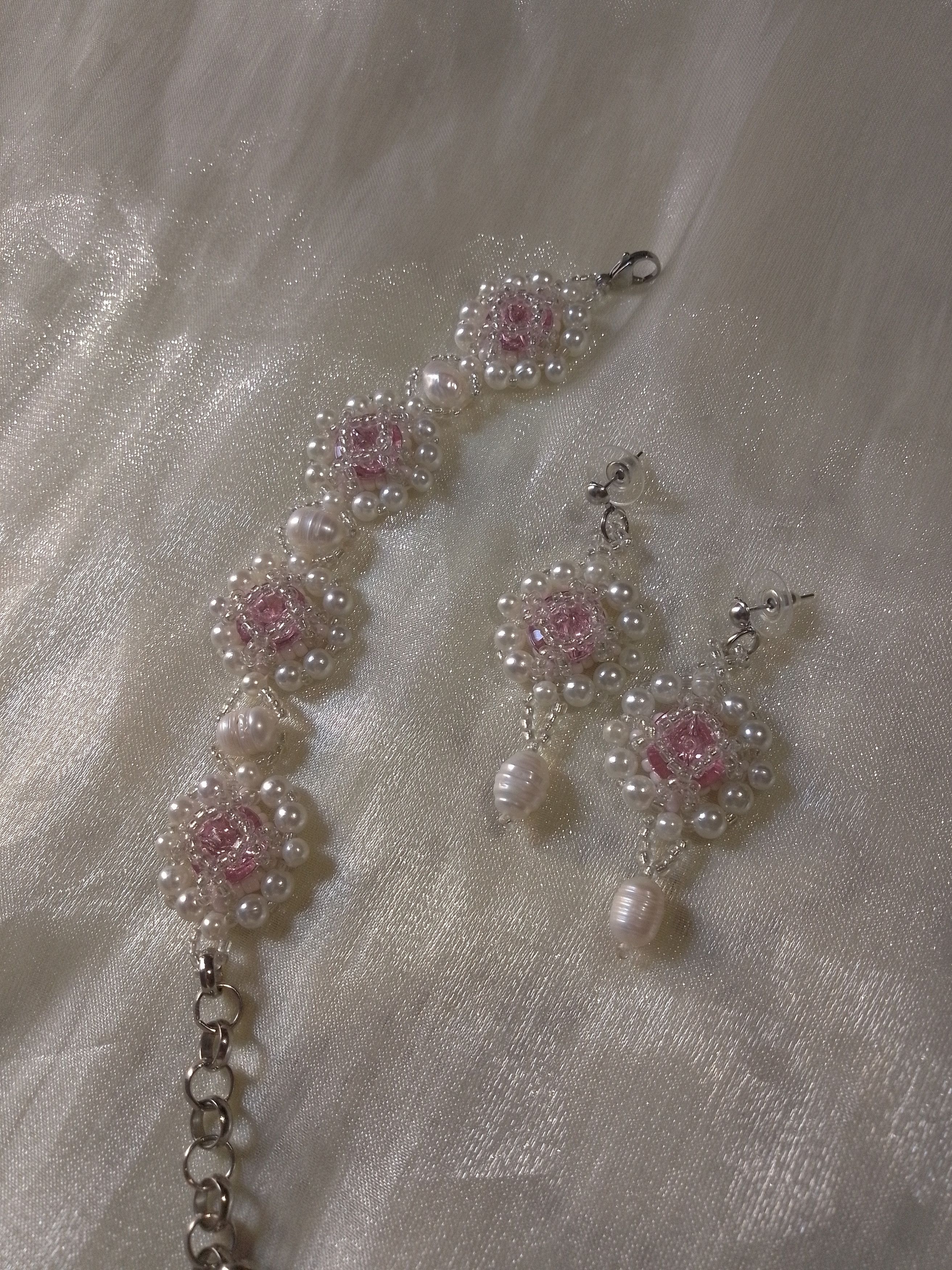 Handmade Jewelery Set Bracelet earrings pink zircons natural pearls Size ONE SIZE - 10 Thumbnail