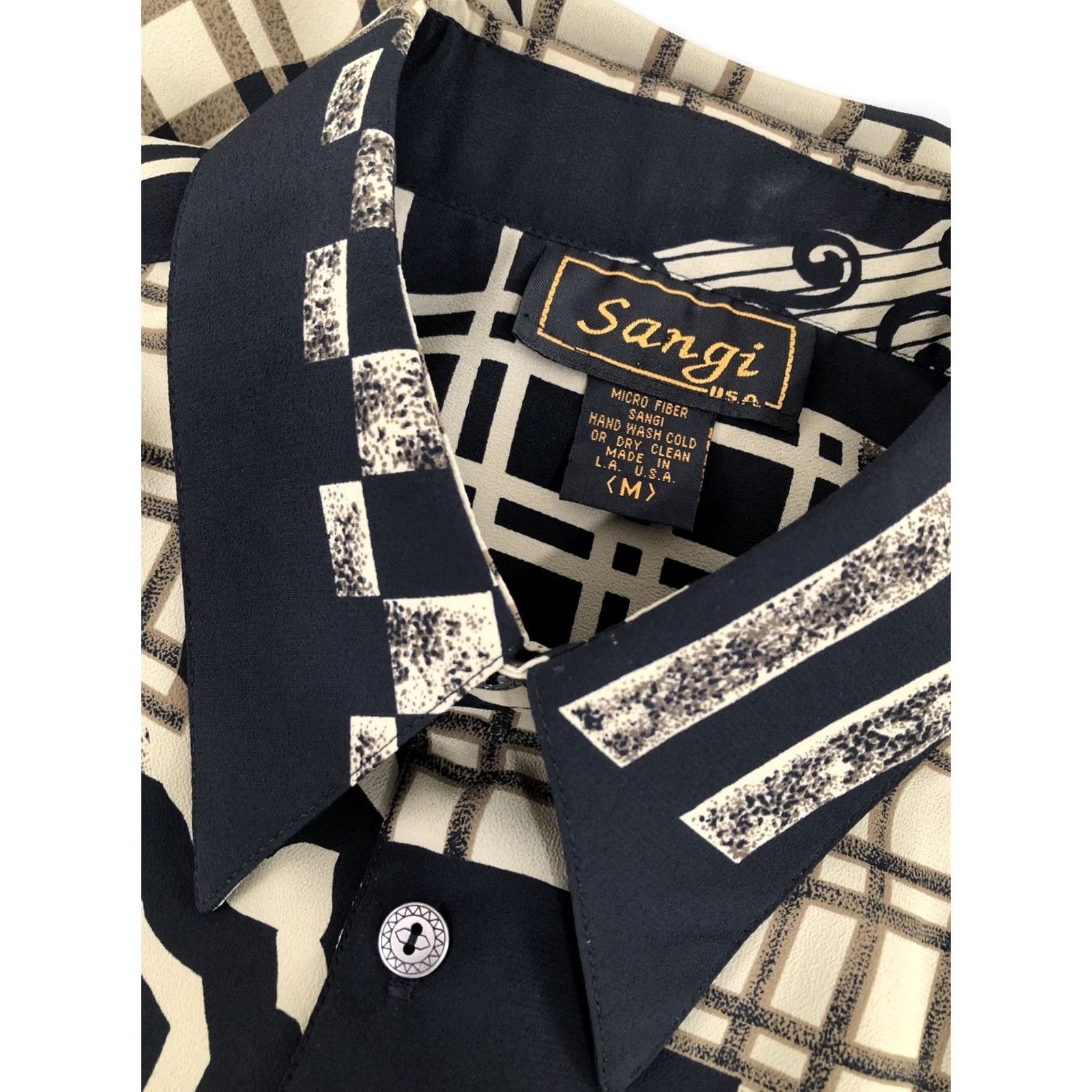Vintage SANGI USA - 1990s Vintage Geometric Mens Shirt Md/Lg - Button-Up Long Sleeve Black / Tan Mens Size US M / EU 48-50 / 2 - 6 Thumbnail