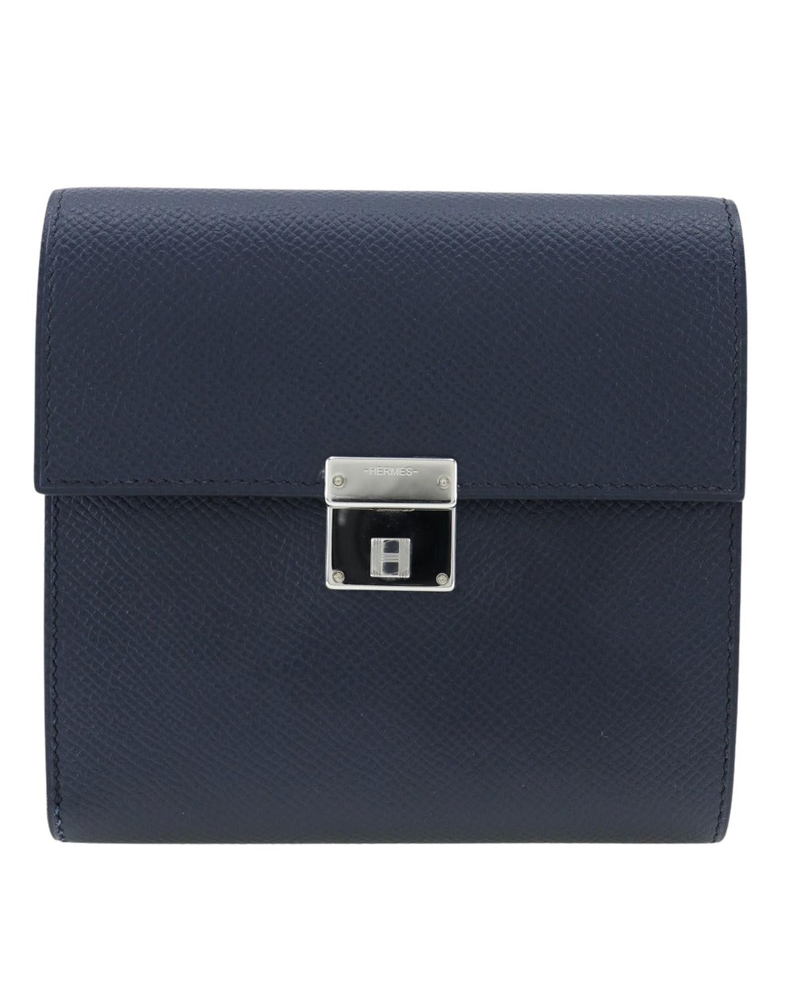 image of Hermes Sophisticated Leather Bifold Wallet With Silver Accents in Black, Women's