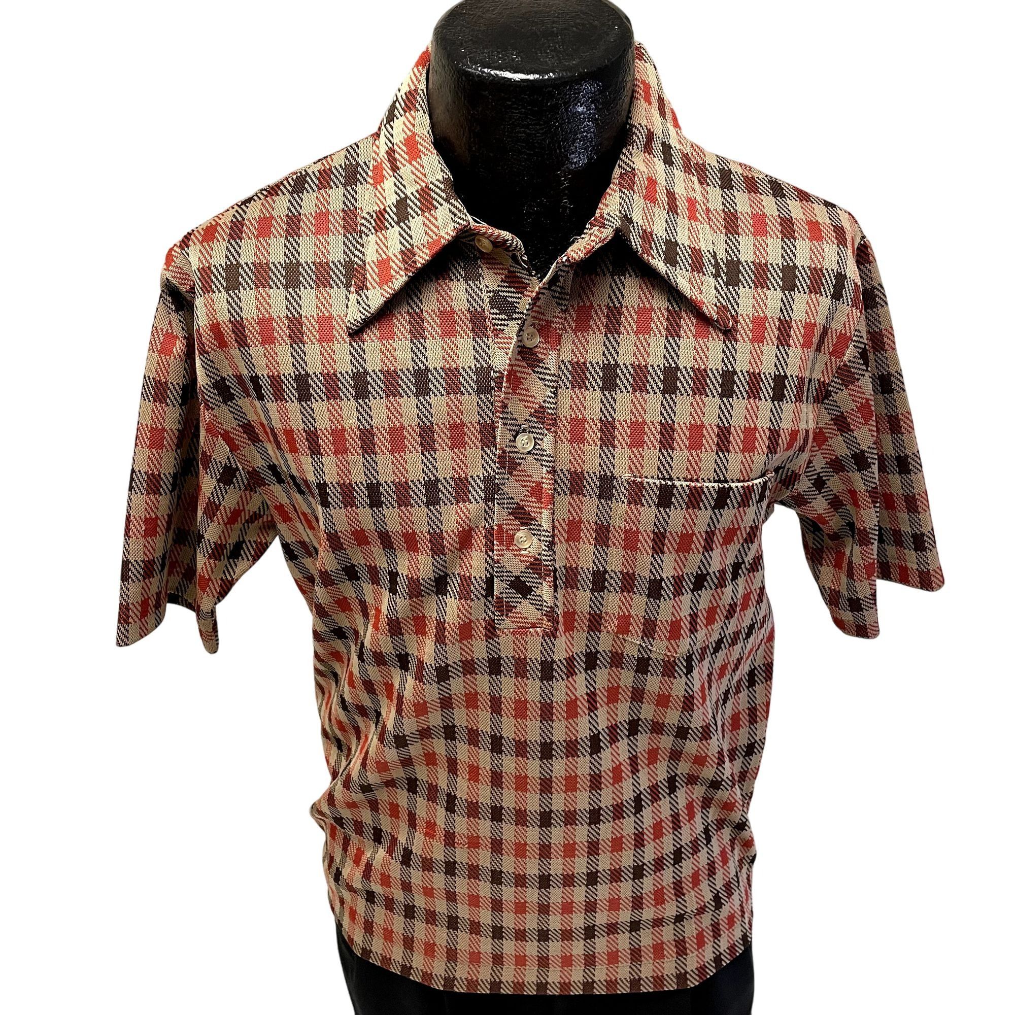 image of 70's Towncraft Jcpenney Check Butterfly Collar Disco Shirt L in Brown, Men's (Size Large)