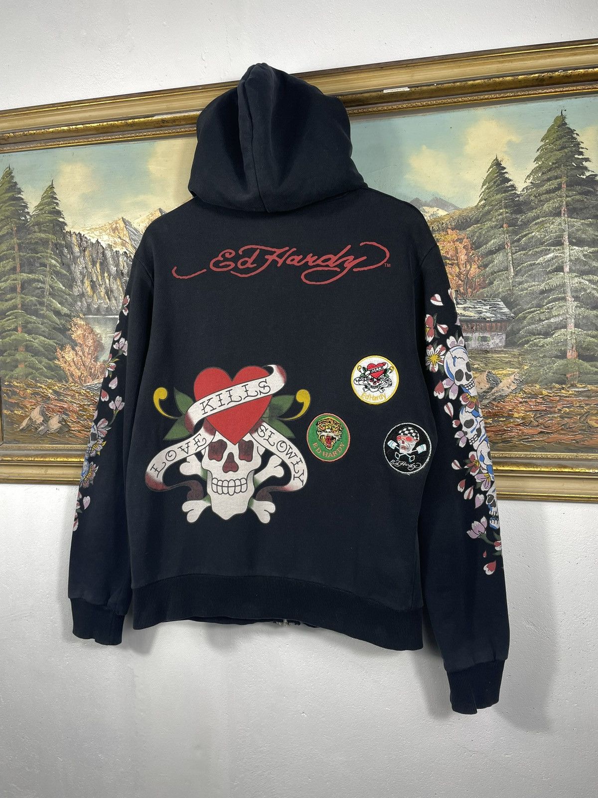 Christian Audigier × Ed Hardy × Vintage Ed Hardy Retro 00s Hoodie With Patches Affliction Grunge Size M / US 6-8 / IT 42-44 - 7 Thumbnail