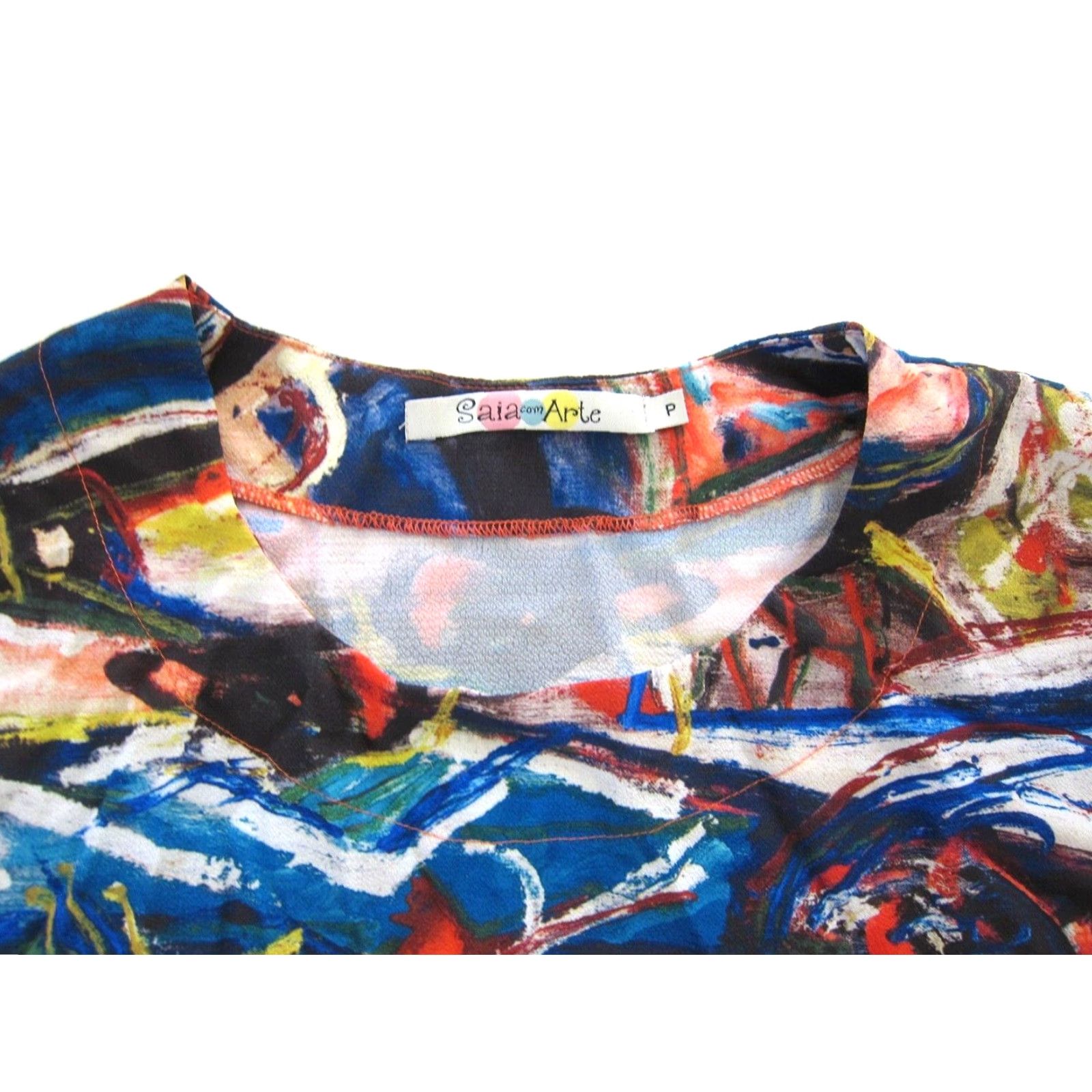 Denim & Co. VINTAGE Saia Com Arte Orange Blue Yellow Painted Art Short Sleeve Tunic Dress S-M Size 28" / US 6 / IT 42 - 4 Thumbnail