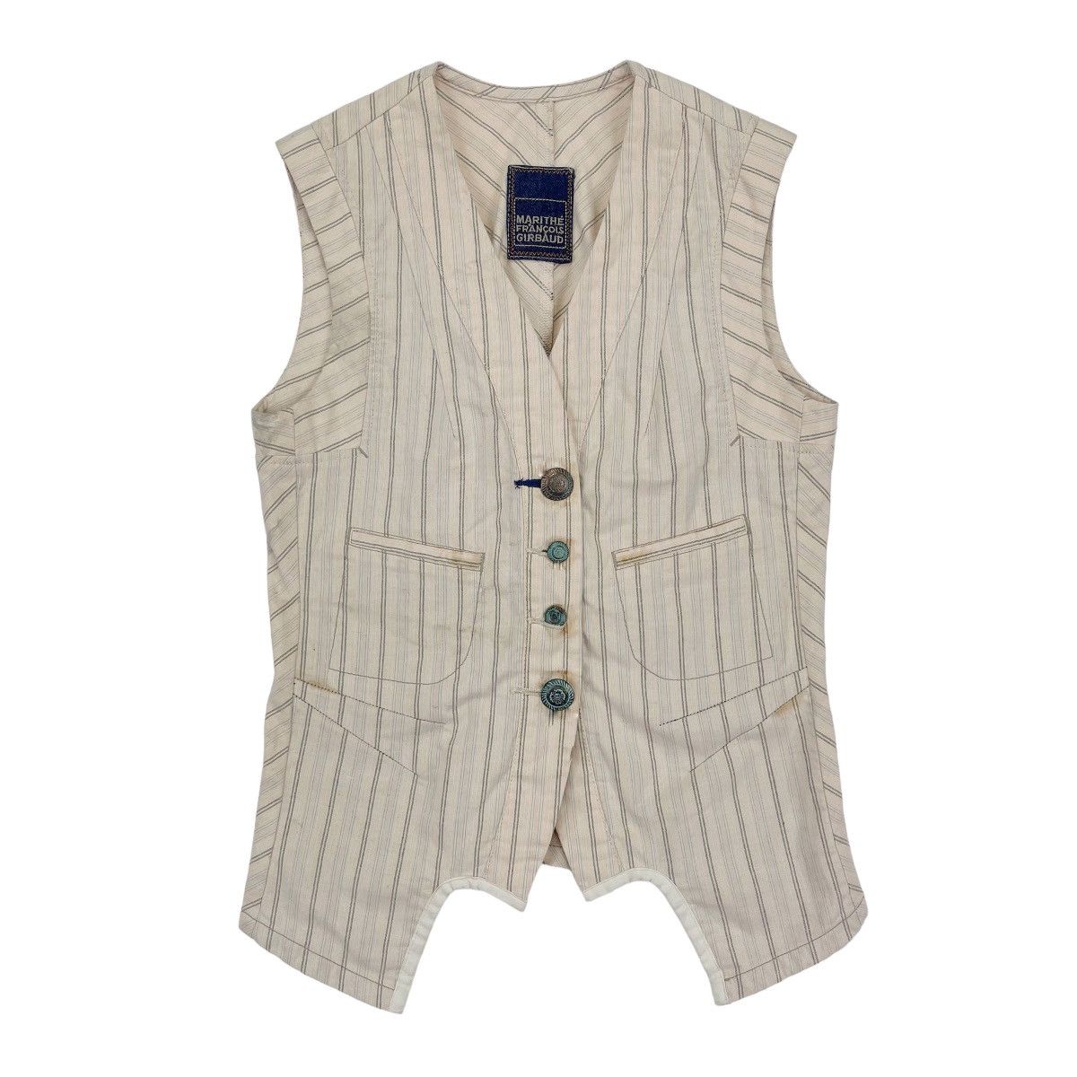 Designer × Marithe + Francois Girbaud Striped Suit Beige Cotton Vest Size US M / EU 48-50 / 2 - 1 Thumbnail