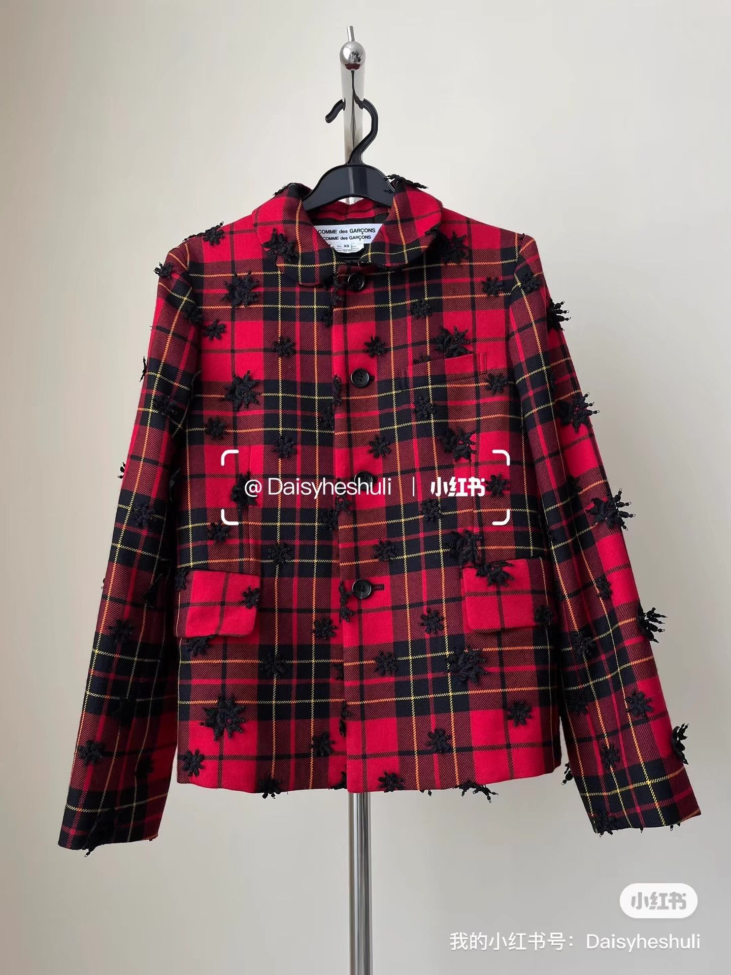 Comme des Garcons CDG Comcom Red Plaid Floral Embroidery Round Neck Blazer Ｑ24 Size XS / US 0-2 / IT 36-38 - 1 Thumbnail