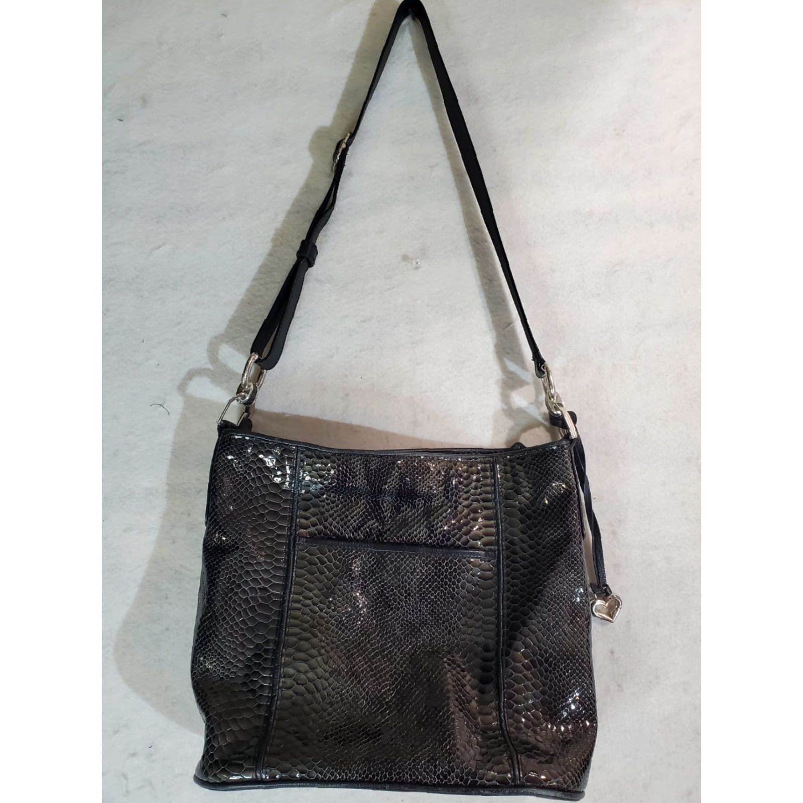Brighton VINTAGE Brighton Shoulder Bag Brown Green Snakeskin Pattern w/ Heart Charm, Patent Leather, Medium, Women Size ONE SIZE - 2 Thumbnail