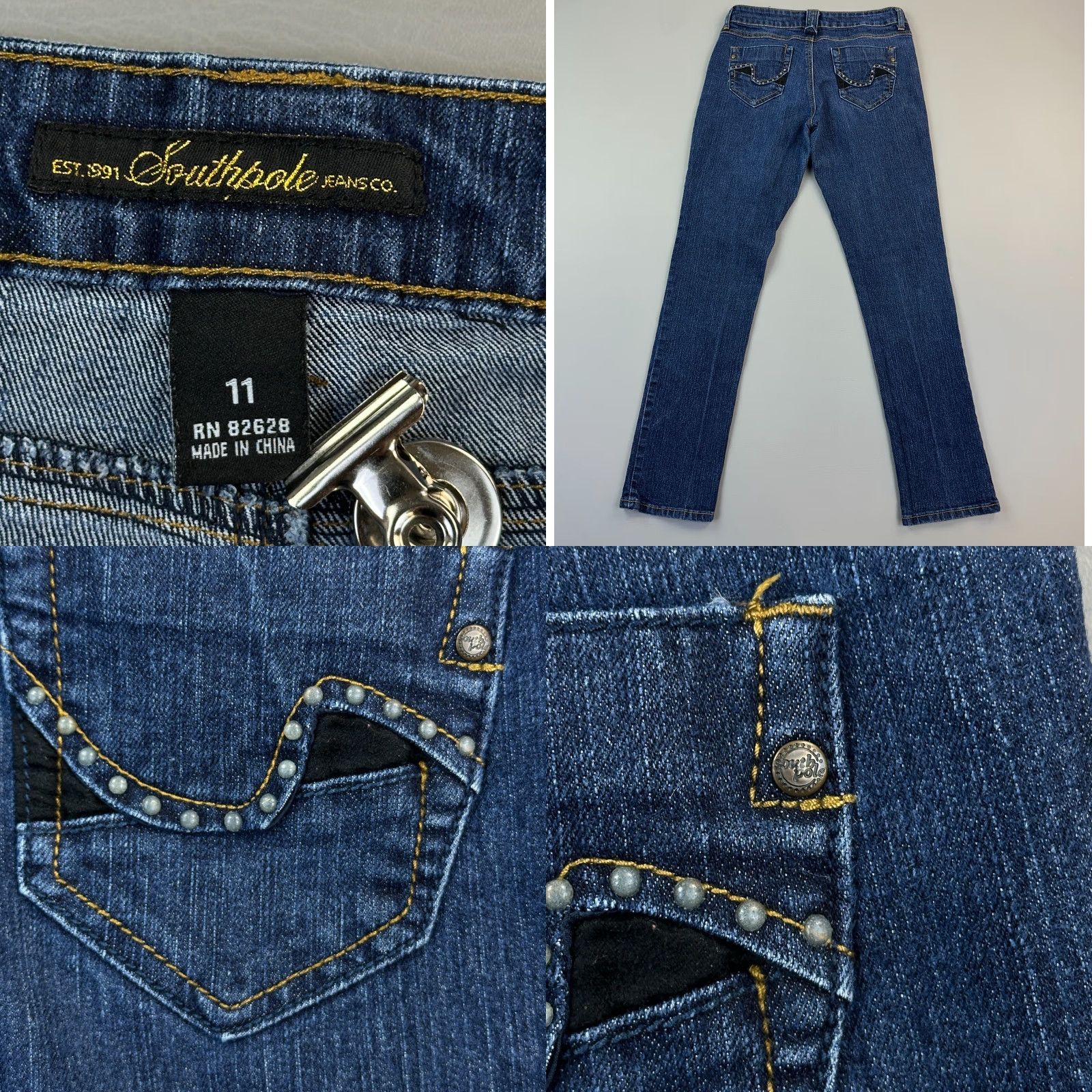 Southpole VINTAGE Southpole Jeans Women's 11 30x31 Dark Wash Mid Rise Stretch Studded Pocket Y2K Jeans Womens Regular 5-Pocket Denim Blue Size 32" / US 10 / IT 46 - 8 Thumbnail