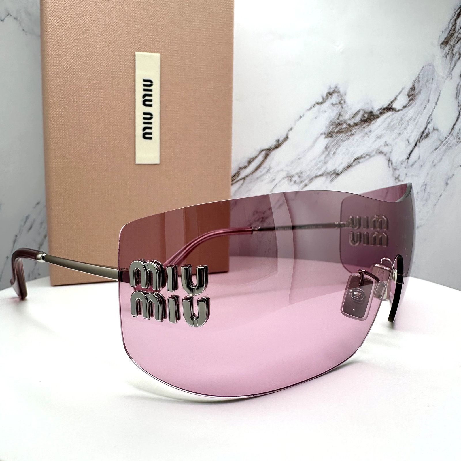 Miu Miu New MIU MIU Sunglasses Silver Pink Mirror Rimless Wrap Size ONE SIZE - 18 Thumbnail