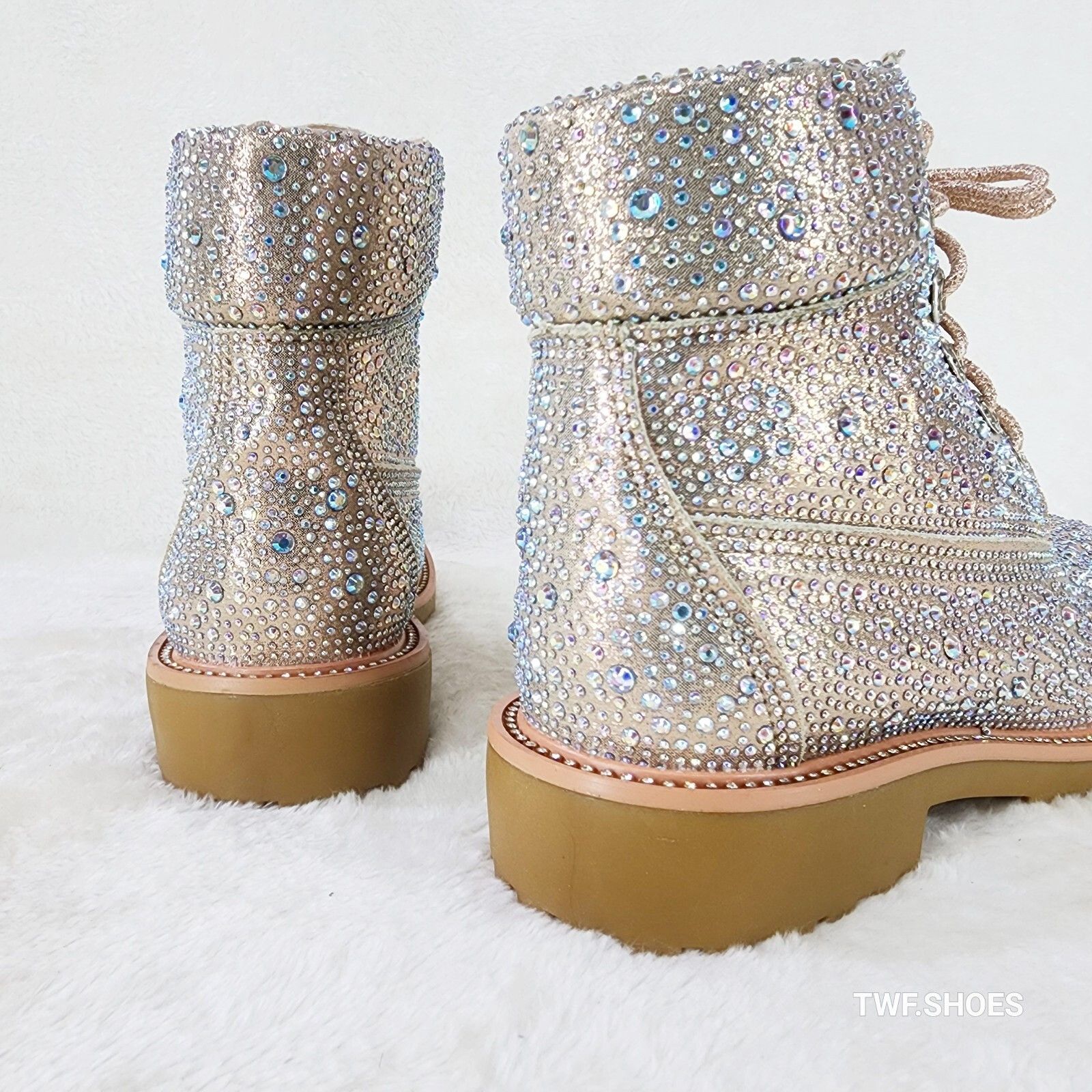 Other Wonder Sparkling Rhinestone Combat Ankle Boots Metallic Rose Size US 7 / IT 37 - 1 Thumbnail