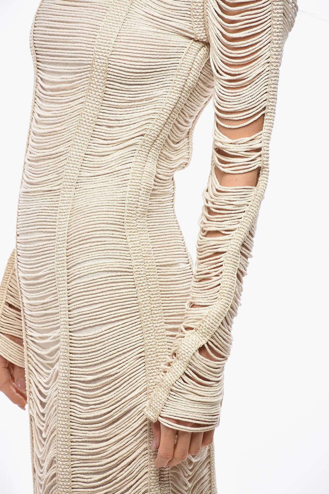 Balmain og1mm0326 Maxi Fitted Macramé Dress in Beige Size M / US 6-8 / IT 42-44 - 2 Thumbnail