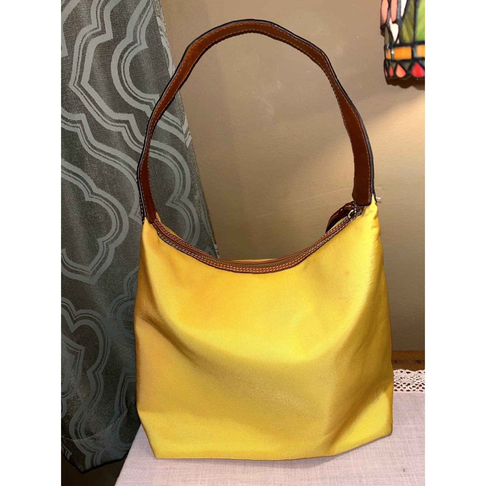 Dooney & Bourke Dooney & Bourke Yellow Canvas Hobo Style Handbag Leather Strap & Tassel Size ONE SIZE - 6 Thumbnail
