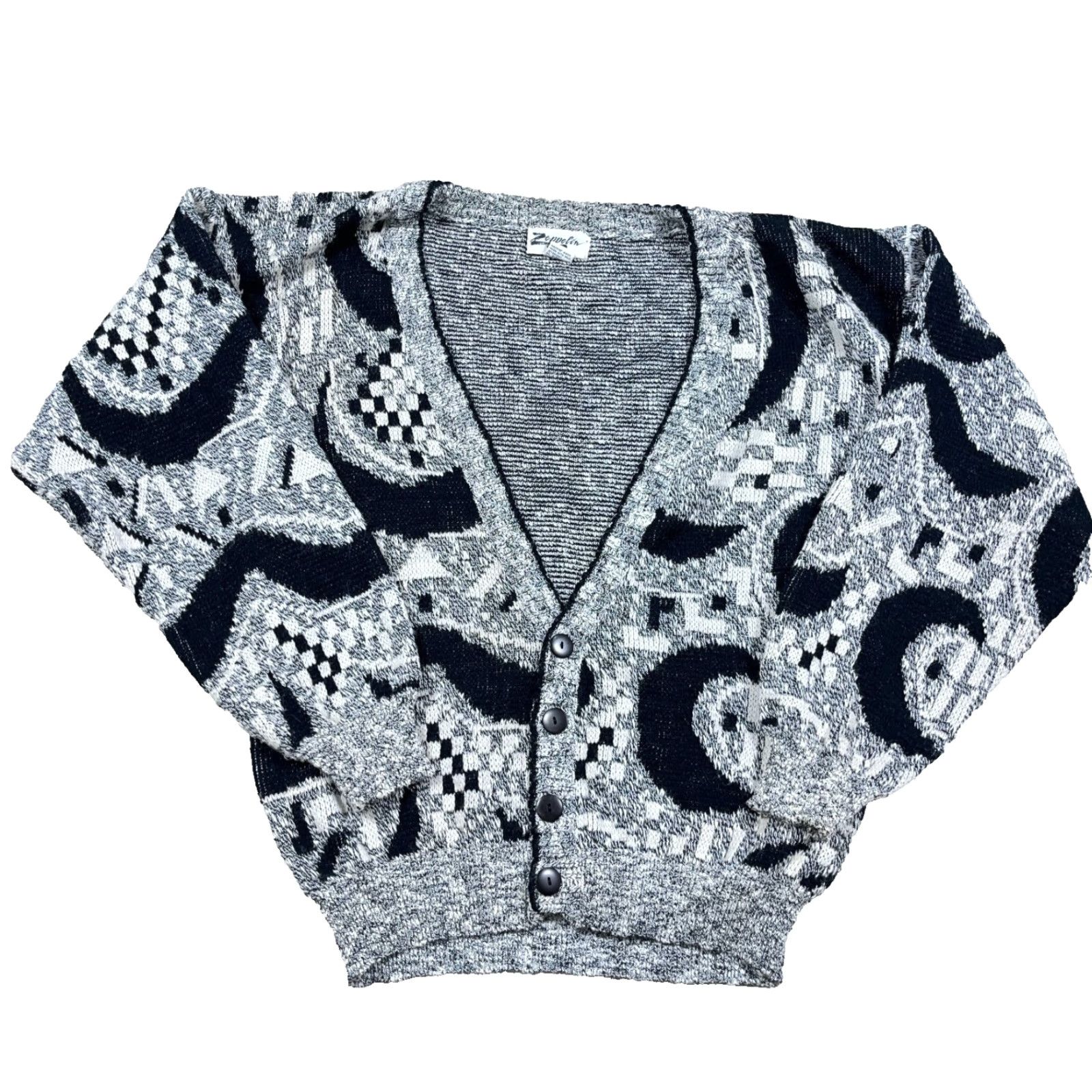 Vintage VINTAGE Cardigan Sweater Men L Gray Geometric Acrylic 90s Zeppelin Classic American Preppy Teacher Geometric Pattern Cardigan Knit Size US L / EU 52-54 / 3 - 2 Thumbnail