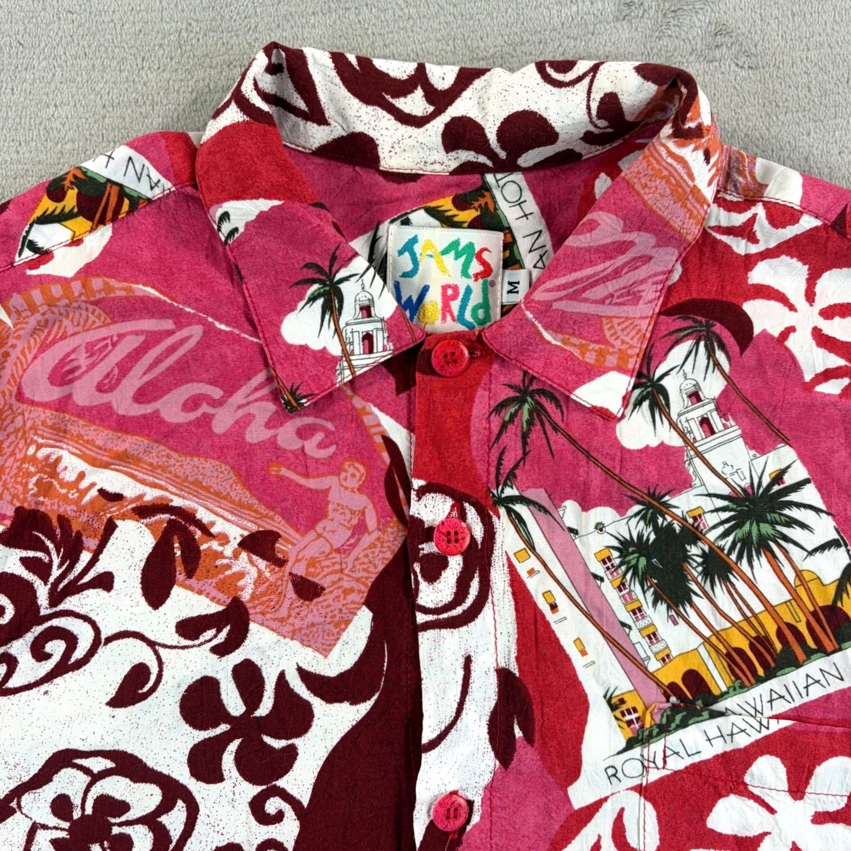 Jams World VINTAGE JAMS WORLD Royal Hawaiian Hotel AOP Men Medium Aloha Red Rayon Floral Button-Up Shirt Mens Red Floral Pattern Hawaii Size US M / EU 48-50 / 2 - 3 Thumbnail