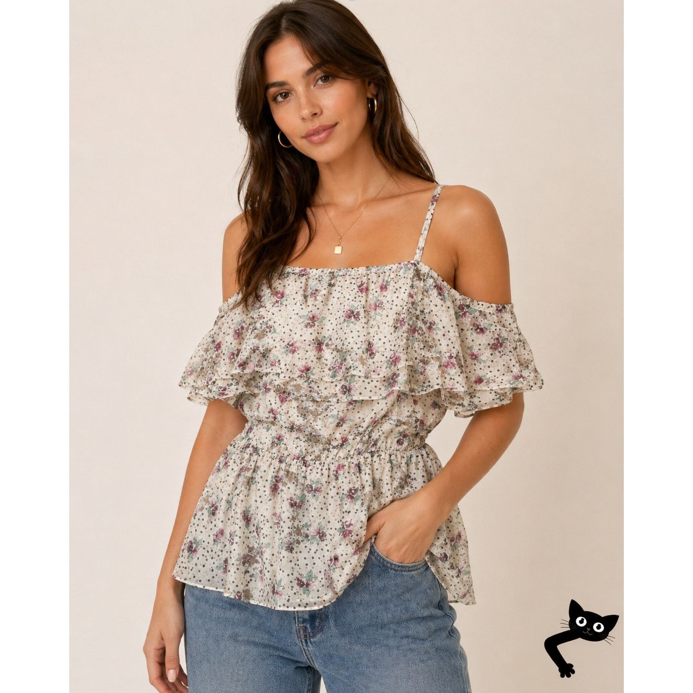 Other NWT Ella Moss White Purple Gold Dot Spaghetti Ruffle Top L Size L / US 10 / IT 46 - 3 Thumbnail