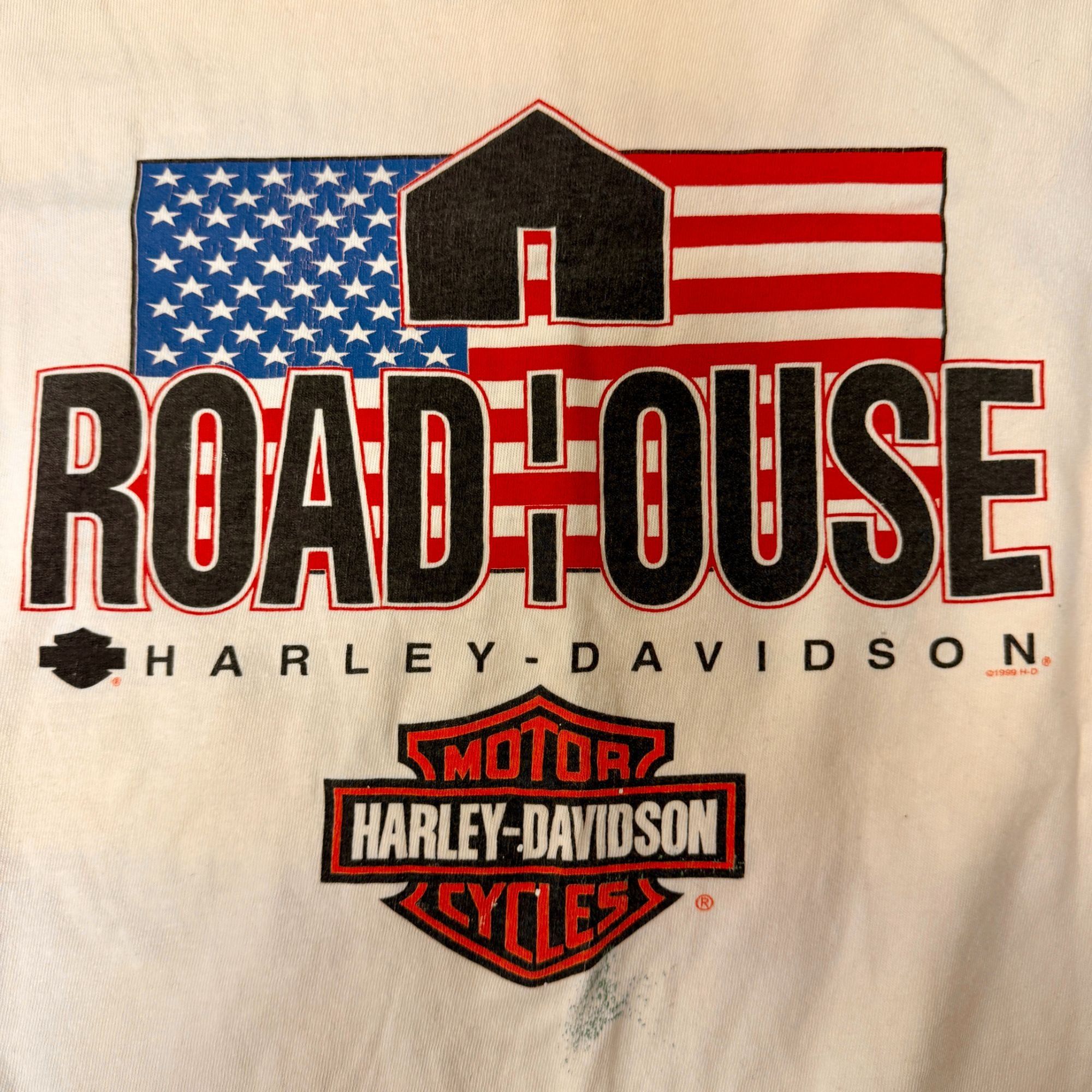Harley Davidson 90's H-D USA FLAG L/S Spellout Milwaukee WI ROAD HOUSE 1999 Size US XL / EU 56 / 4 - 6 Thumbnail