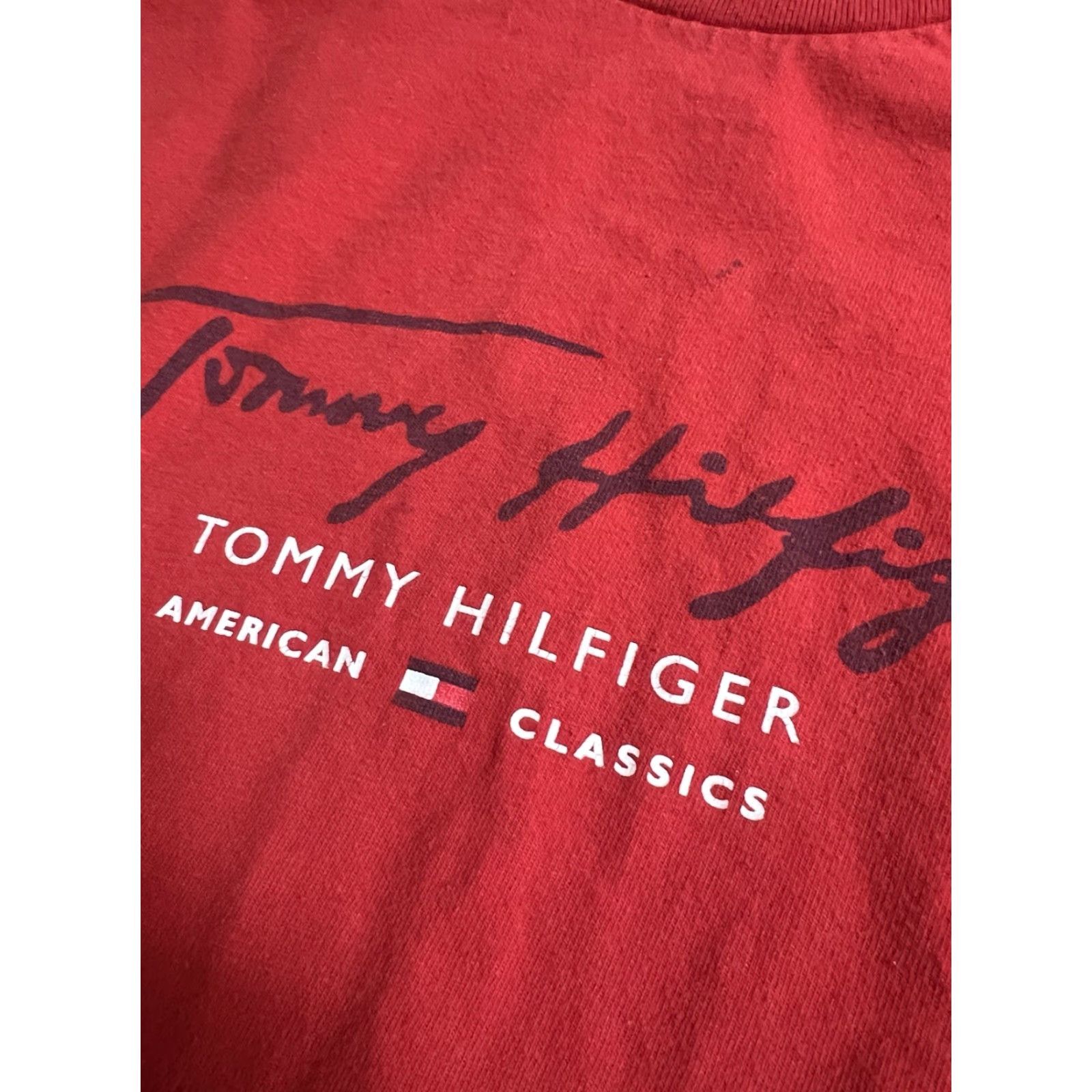 Tommy Hilfiger VINTAGE Tommy Jeans Hilfiger Red Label Shirt XL Red Script Spell Out Y2K Mark Mens T-Shirt 90s City Classic Hip Hop Cotton Crew Neck Short Sleeve Red Size US XL / EU 56 / 4 - 4 Thumbnail