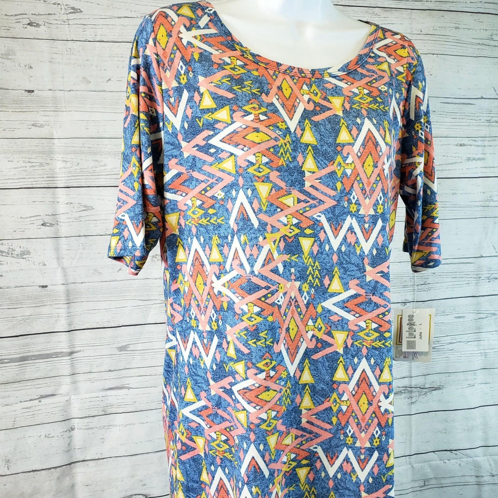 Vintage LuLaRoe Julia Dress L Pink Geometric Knee Length Half Sleeve Round Neck Pullover Polyester Blend Size L / US 10 / IT 46 - 2 Thumbnail
